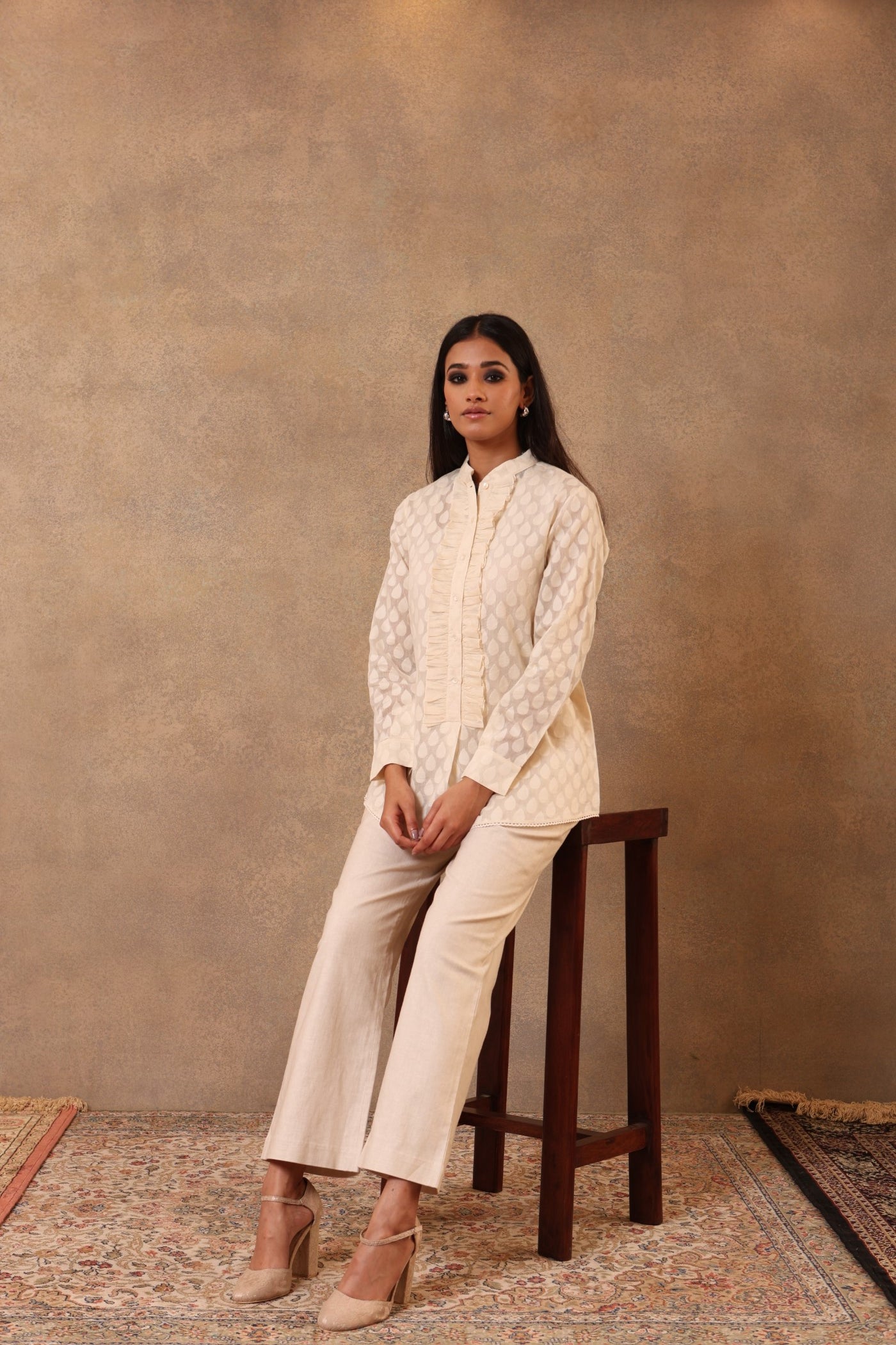 Off-White Pure Silk-Cotton (Cutwork) Short Blouse With Pure Silk-Cotton Frills