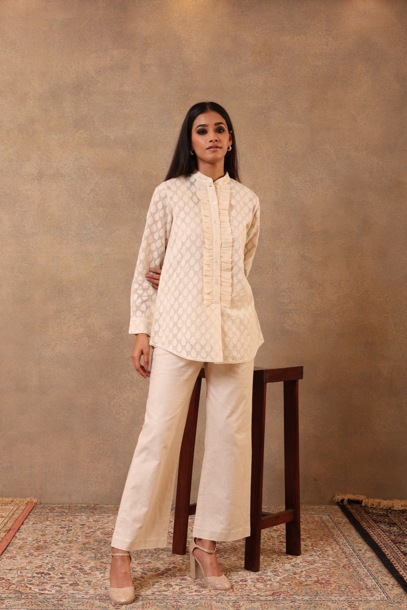 Off-White Pure Silk-Cotton (Cutwork) Short Blouse With Pure Silk-Cotton Frills