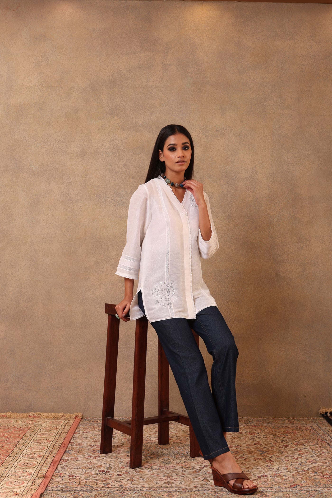 Ivory Hand-Embroidered Pure Silk-Linen Blouse With Threadwork Detail And Pure Cotton Frills