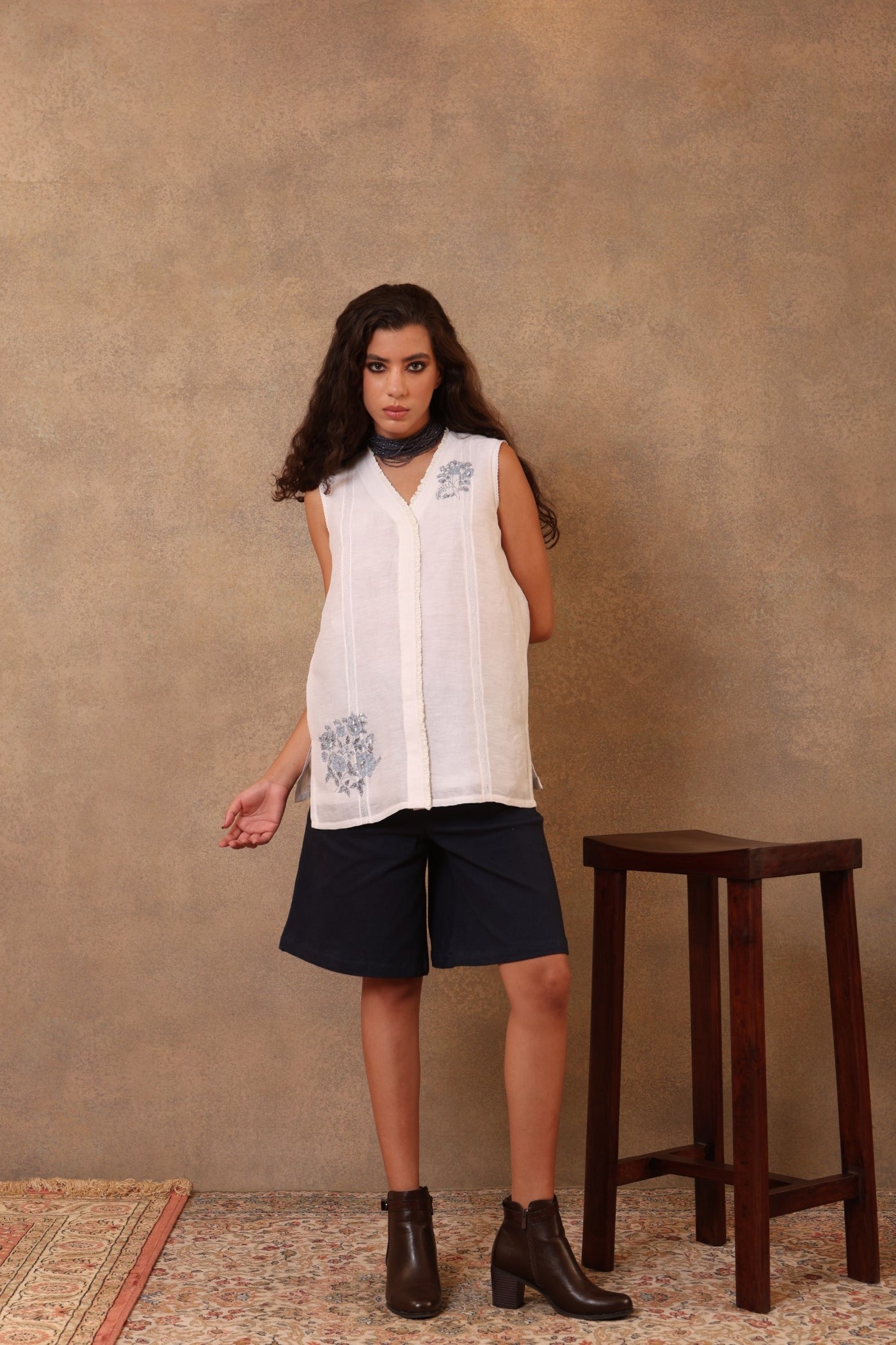 Ivory Hand-Embroidered Pure Silk-Linen Sleeveless Blouse With Threadwork Detail And Pure Cotton Frills