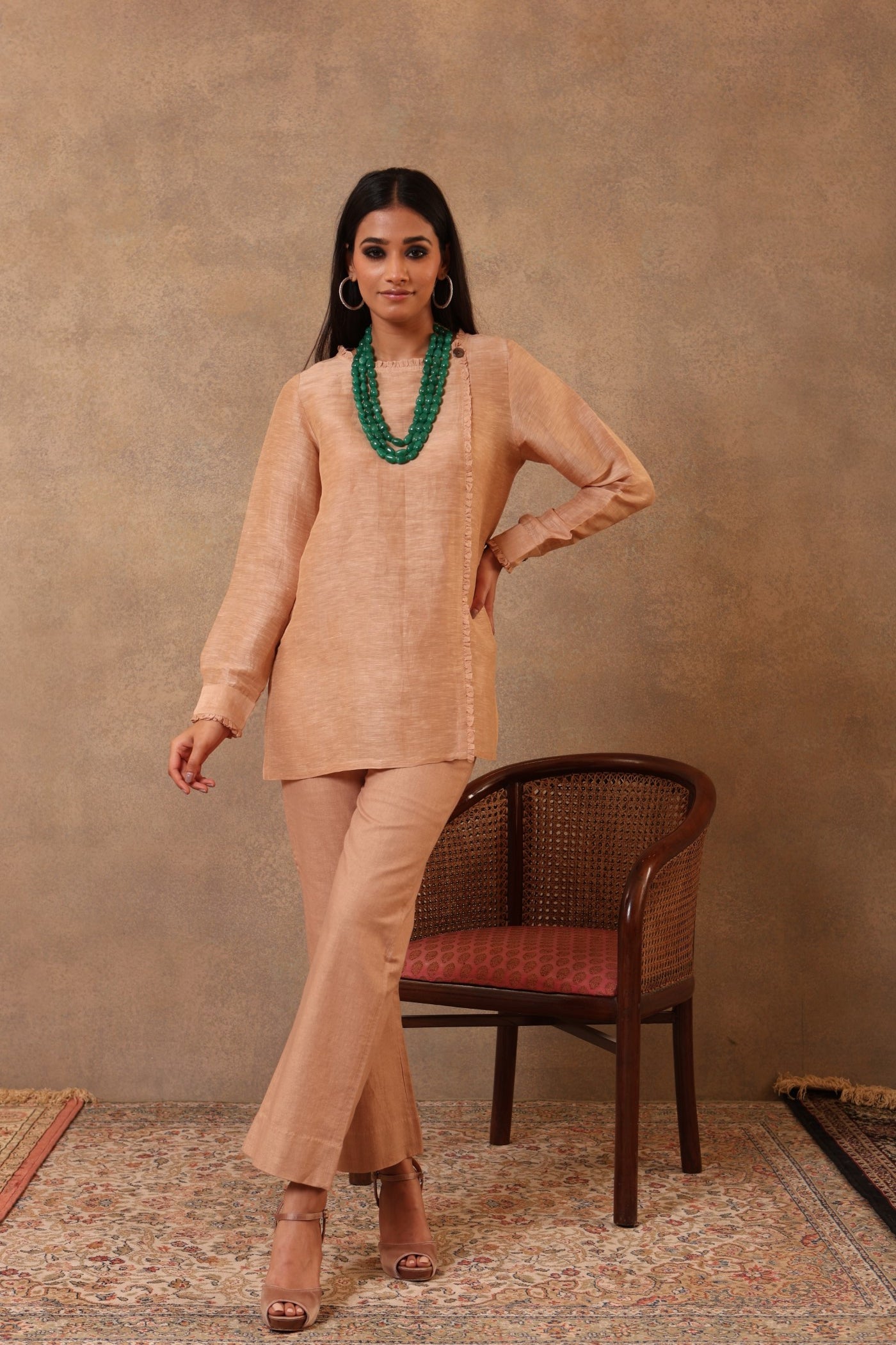 Caramel Pure Silk-Linen Blouse With Cotton-Silk Frills