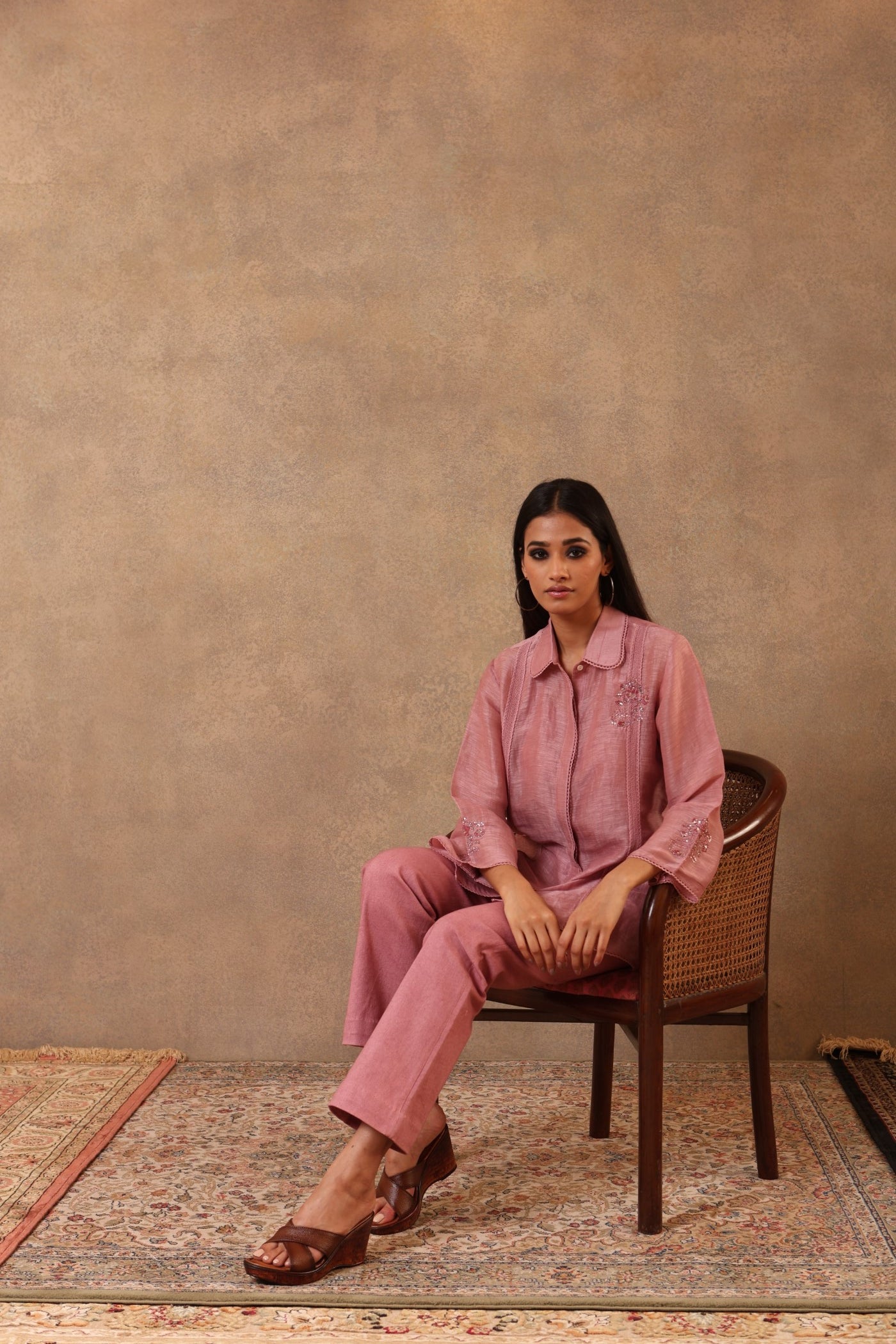 Lilac-Rose Hand-Embroidered Pure Silk-Linen Collared Blouse With Cotton Laces