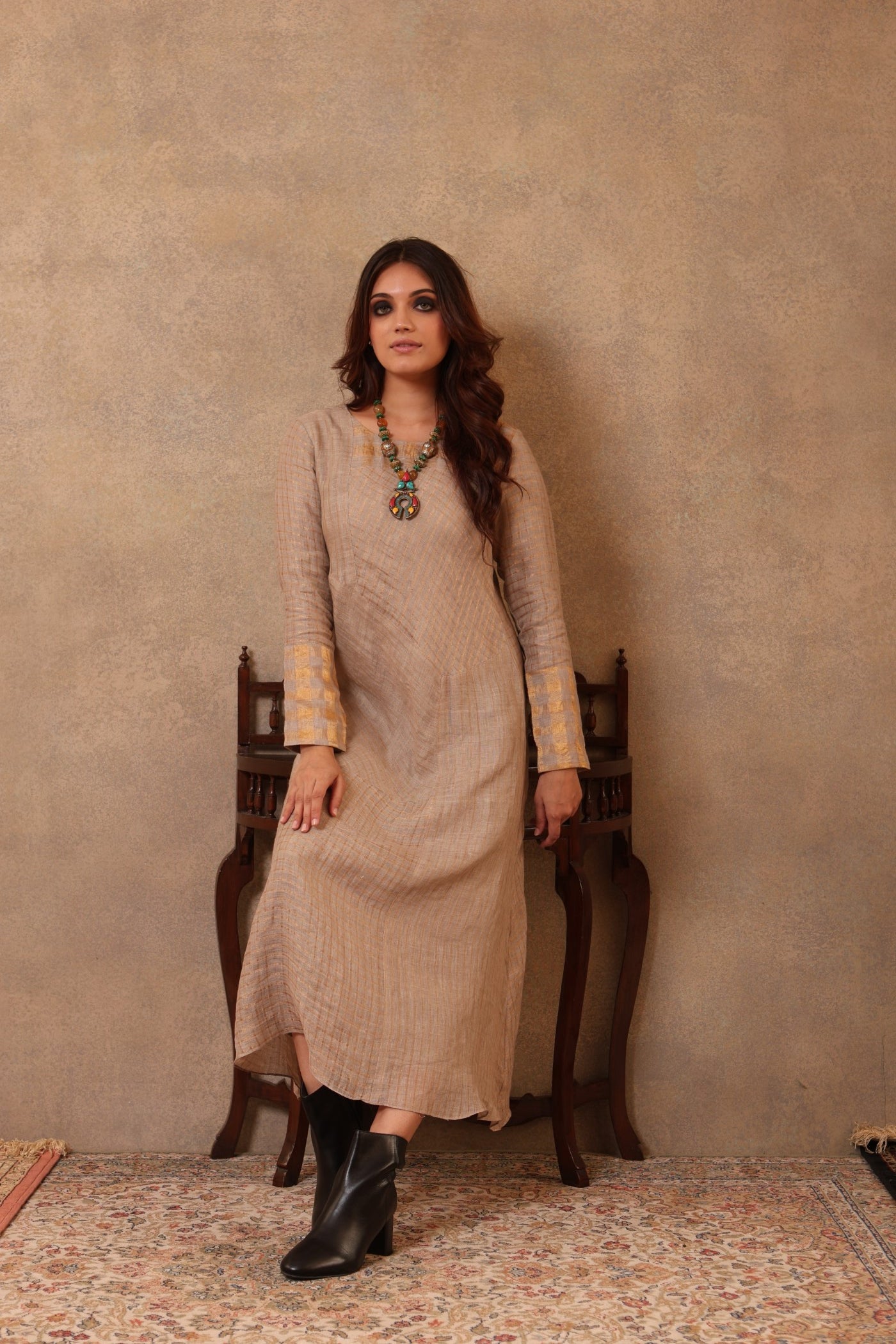 Beige-Grey Handloom Pure Linen (With Metallic Weave) Straight Long Dress