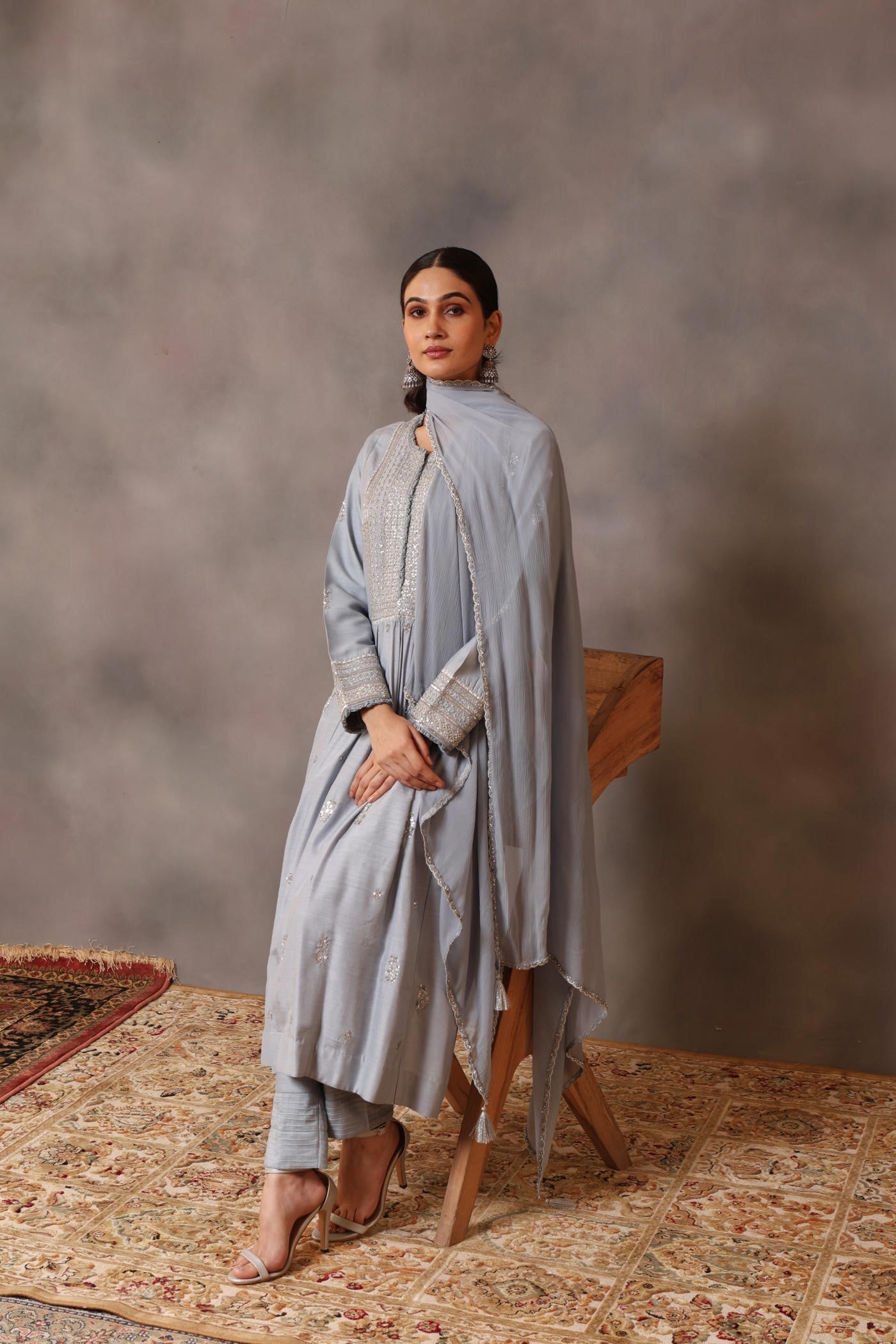 Hand Embroidered Shadow Blue Pure Muga Silk Kurta Pants Set