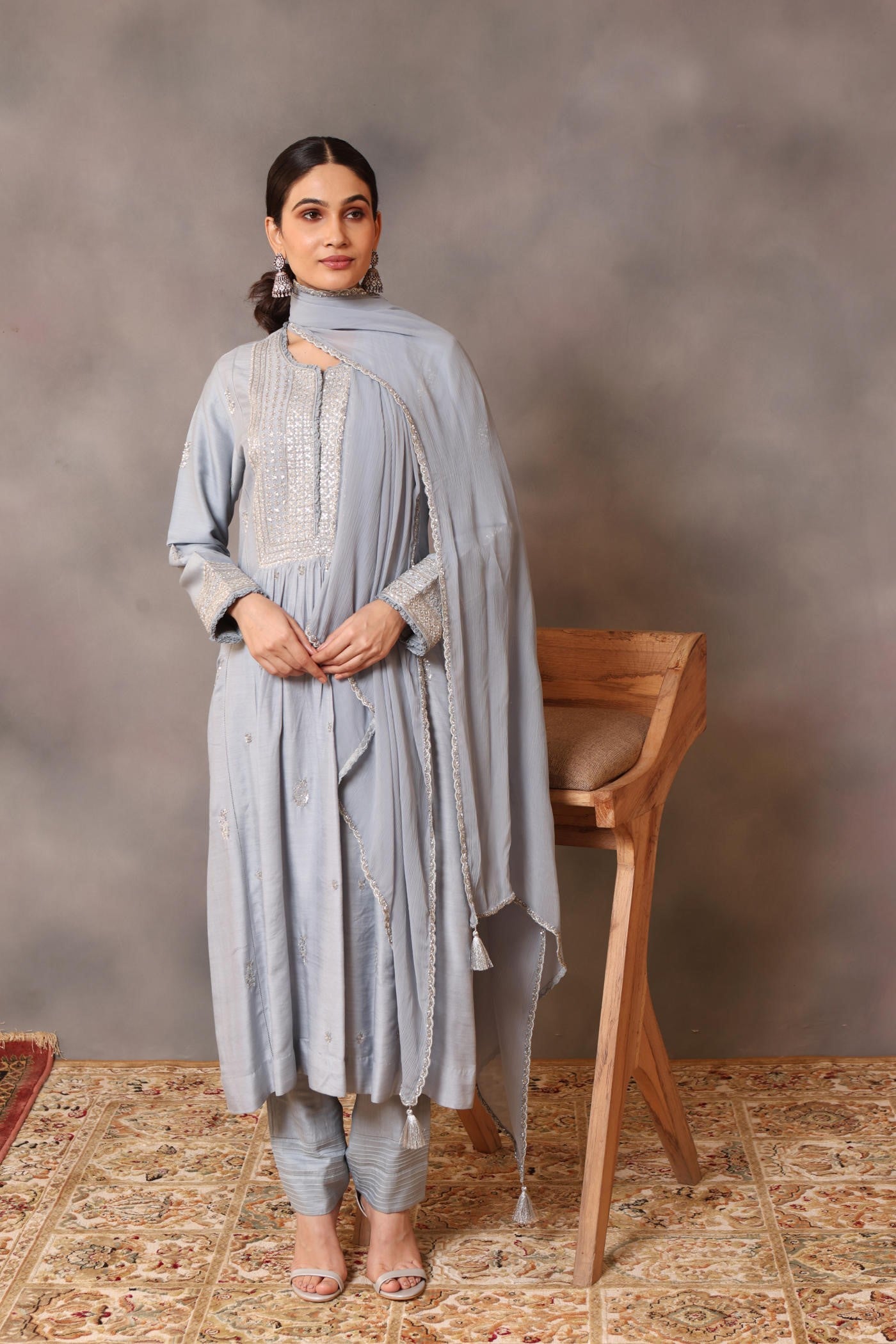 Hand Embroidered Shadow Blue Pure Muga Silk Kurta Pants Set