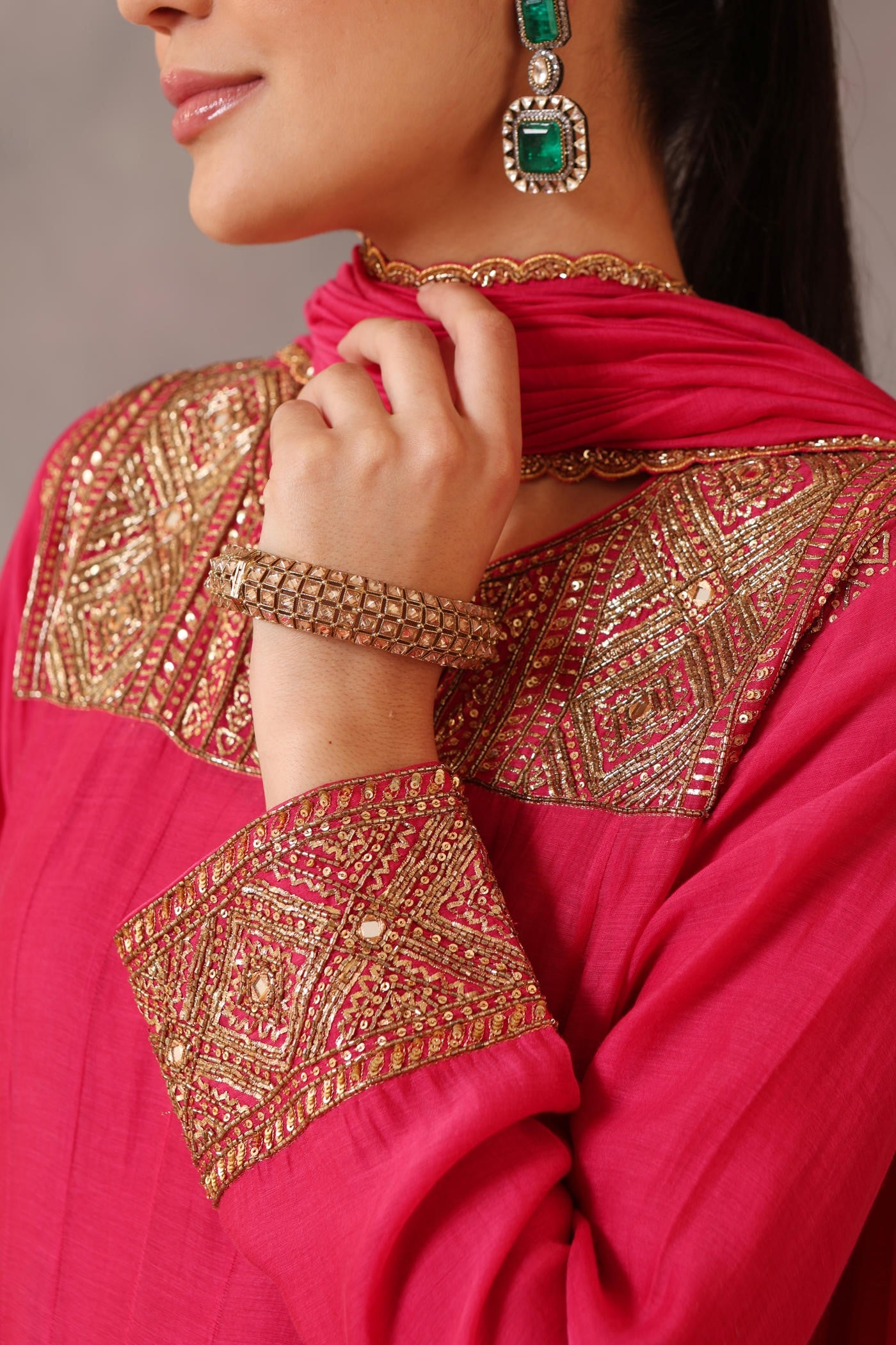 Hand Embroidered Rani Pink Pure Cotton Silk Anarkali Churidaar Set
