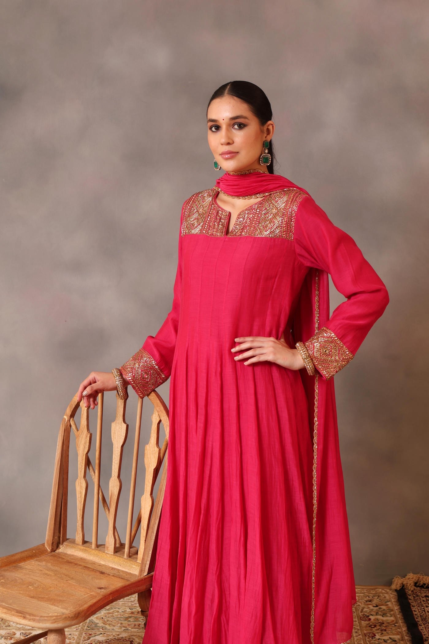 Hand Embroidered Rani Pink Pure Cotton Silk Anarkali Churidaar Set