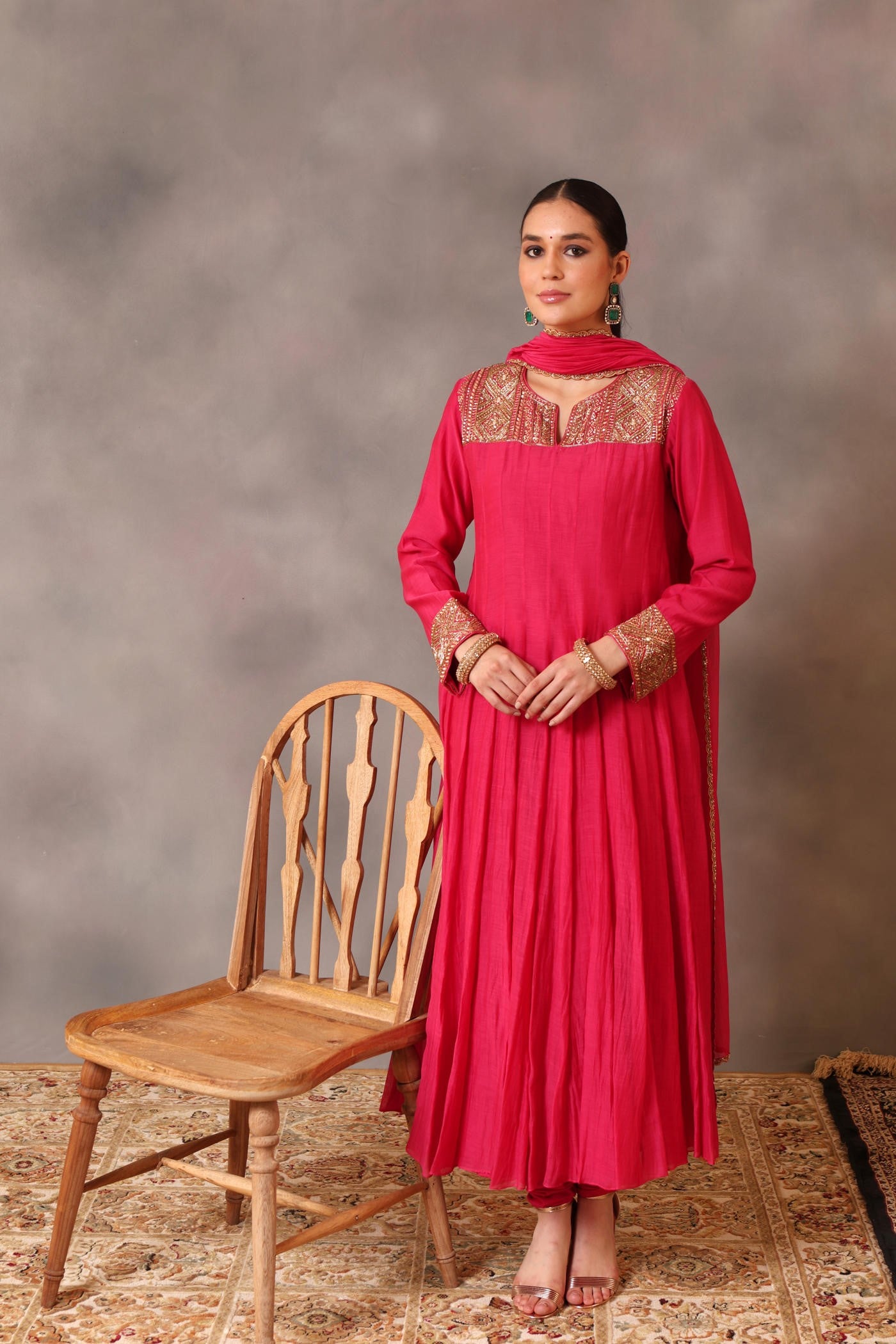 Hand Embroidered Rani Pink Pure Cotton Silk Anarkali Churidaar Set