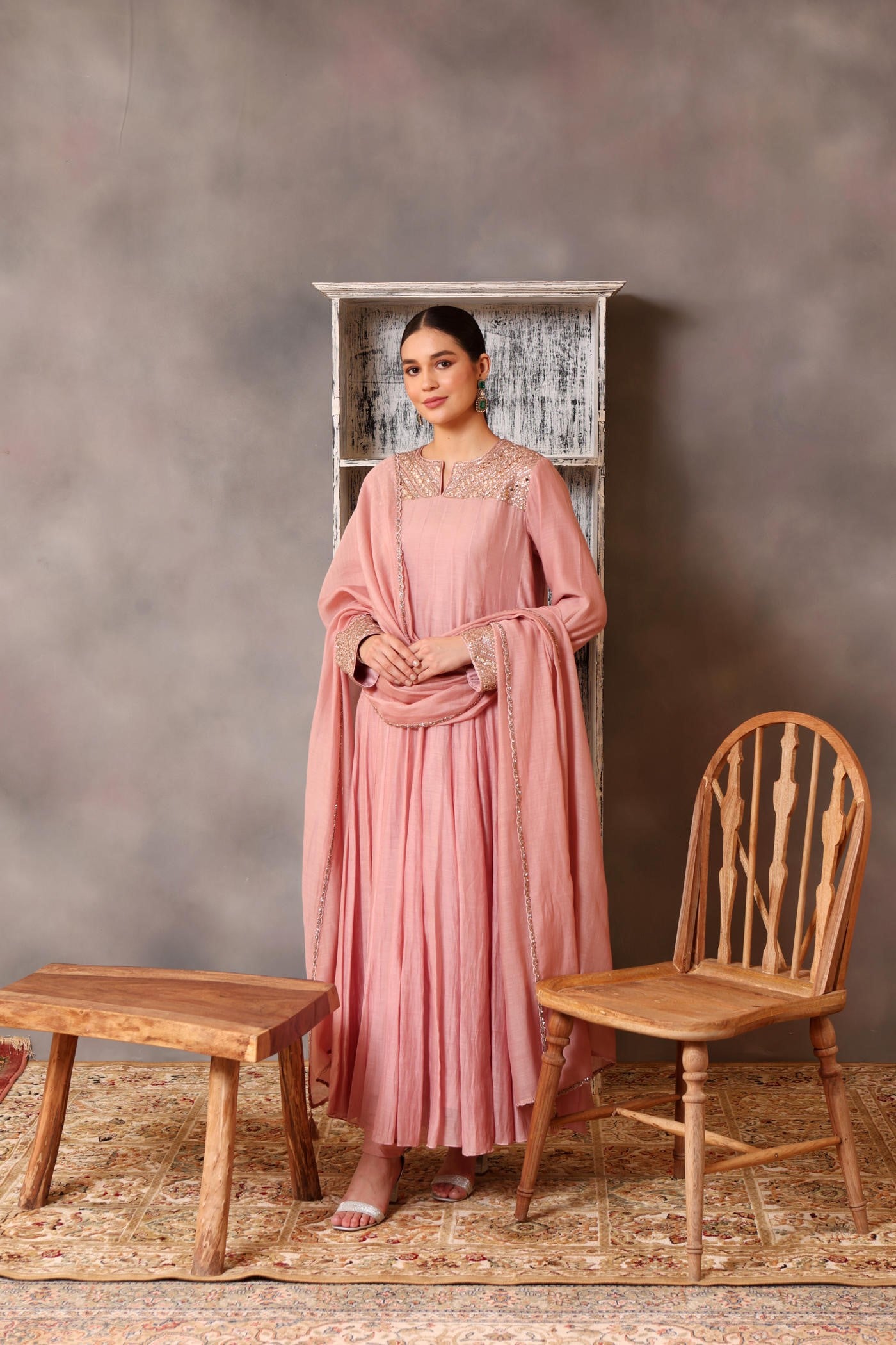 Hand Embroidered Dusty Pink Pure Cotton Silk Anarkali Churidaar Set