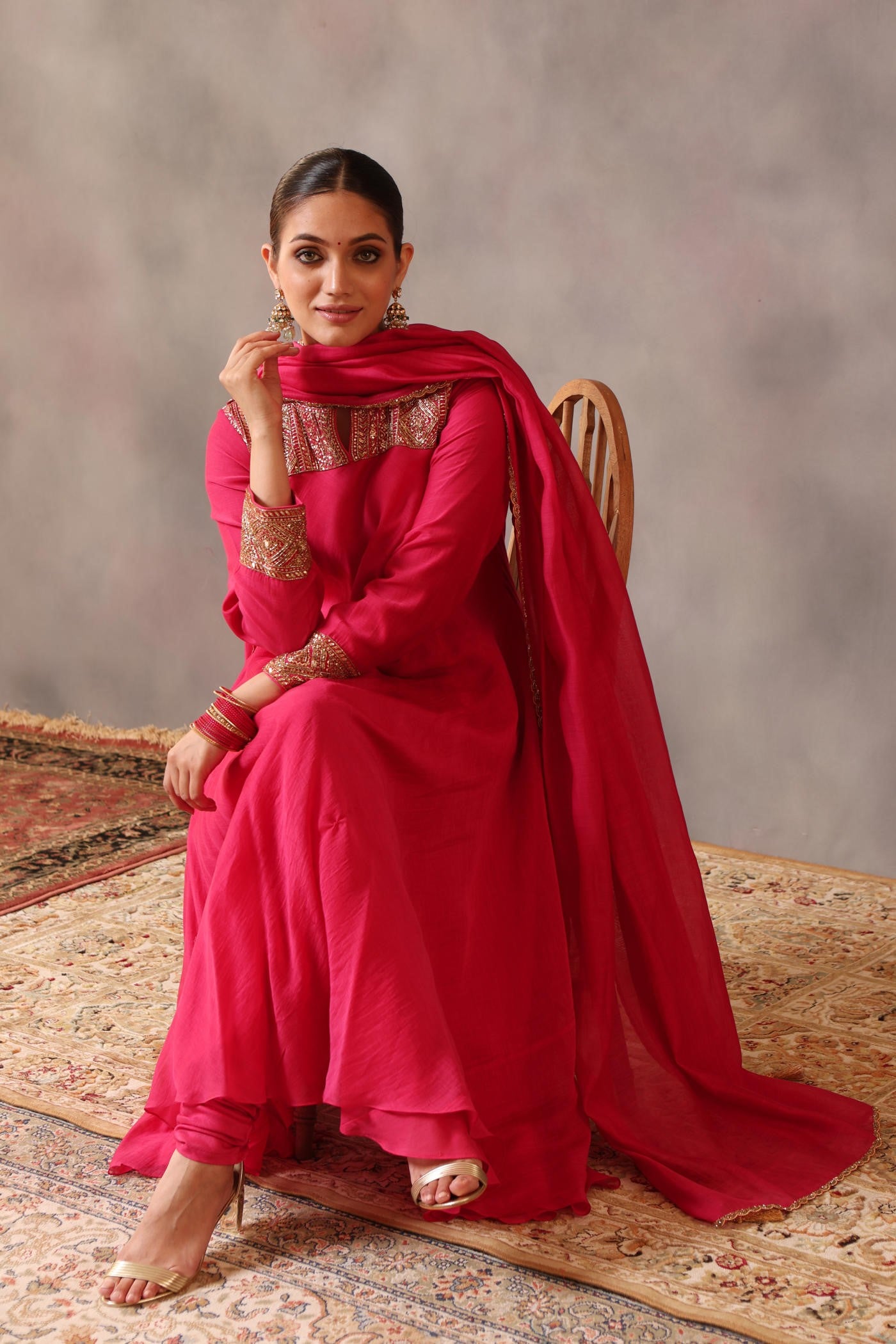 Hand Embroidered Rani Pink Pure Silk Cotton Kurta Churidaar Set