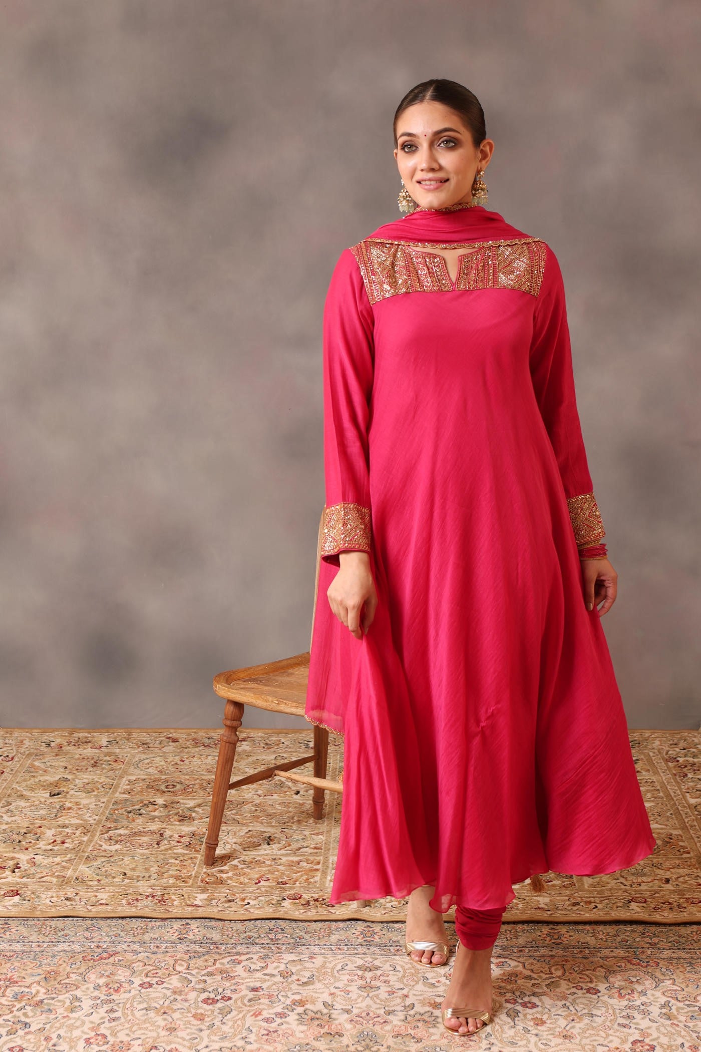 Hand Embroidered Rani Pink Pure Silk Cotton Kurta Churidaar Set