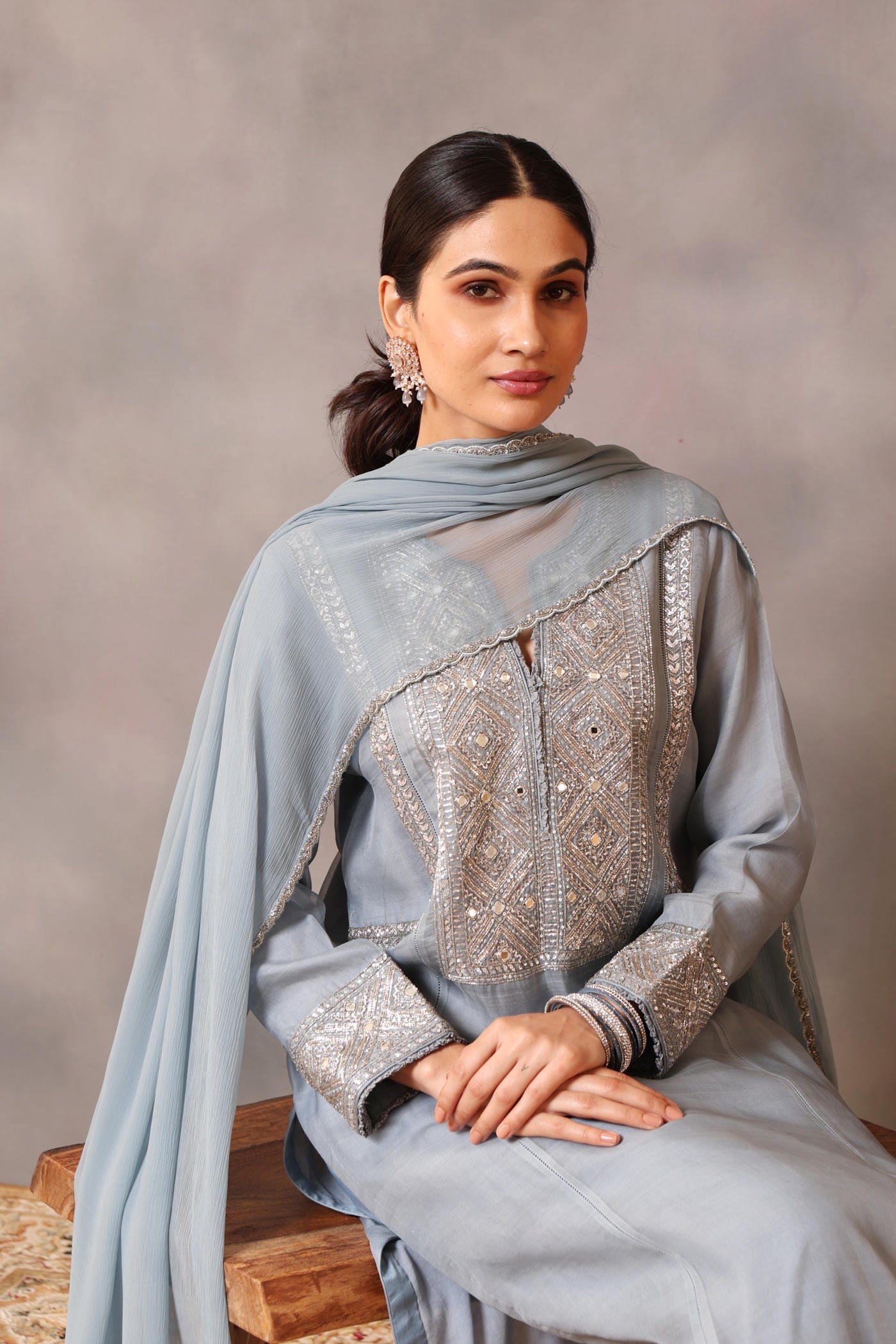 Hand Embroidered Steel Blue Pure Katan Silk Kurta Pants Set