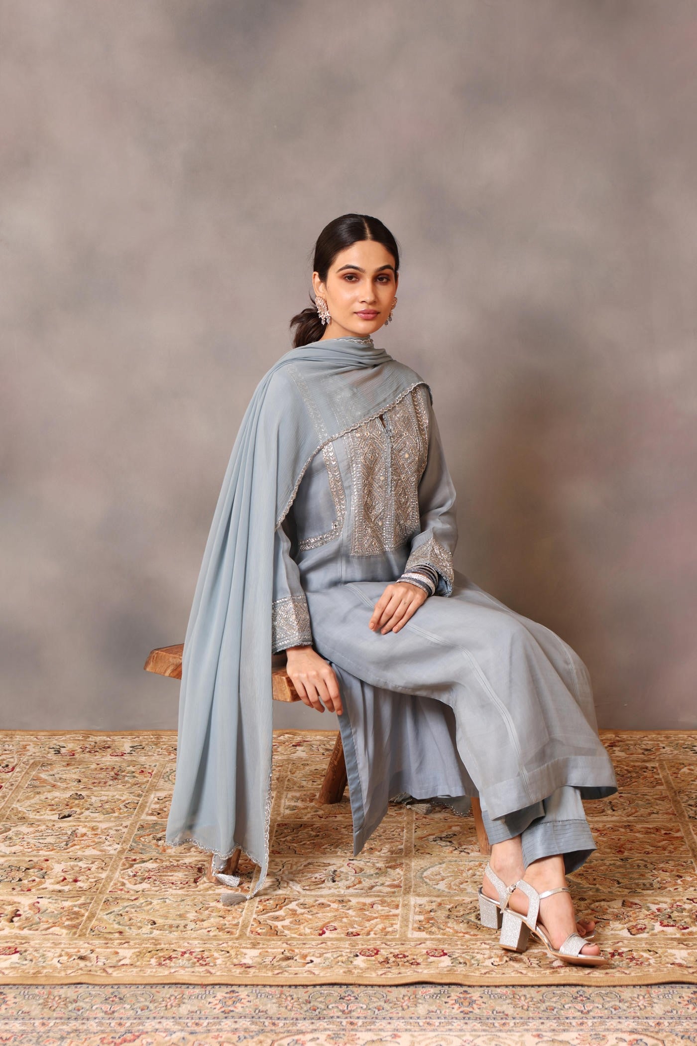 Hand Embroidered Steel Blue Pure Katan Silk Kurta Pants Set