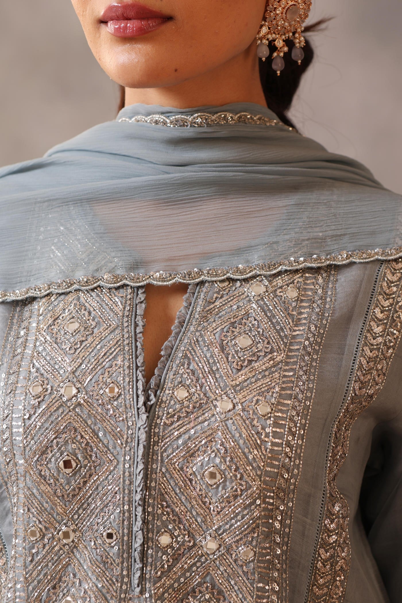 Hand Embroidered Steel Blue Pure Katan Silk Kurta Pants Set