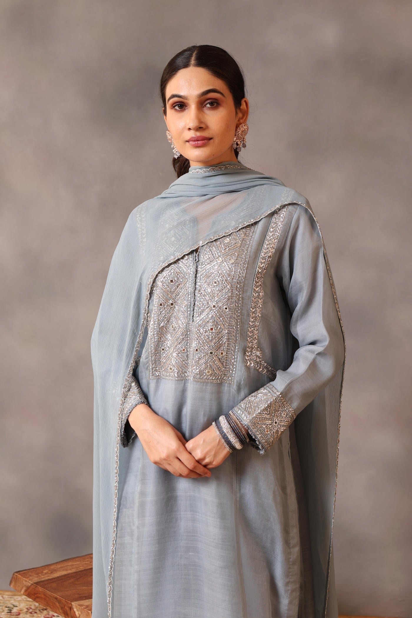 Hand Embroidered Steel Blue Pure Katan Silk Kurta Pants Set