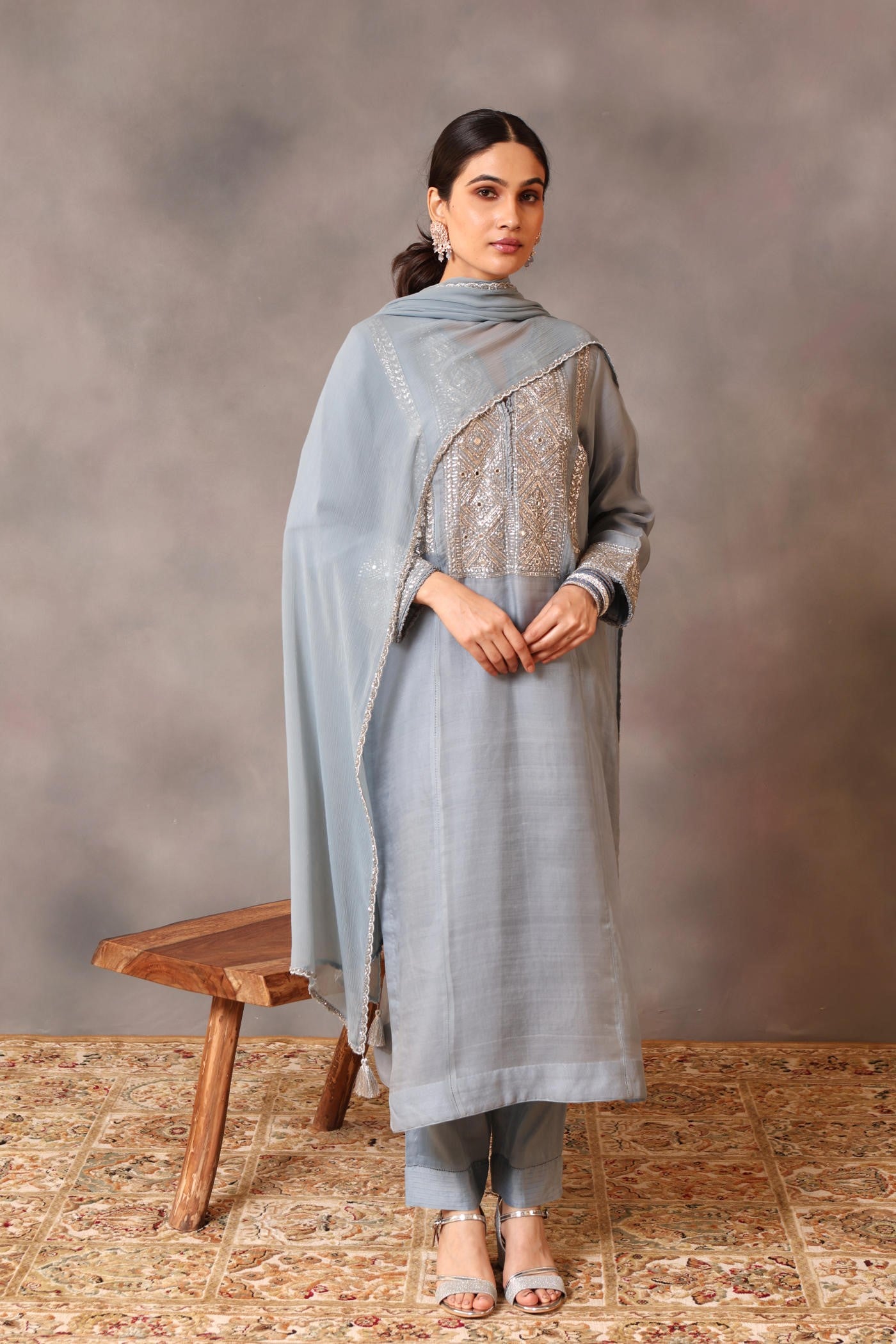 Hand Embroidered Steel Blue Pure Katan Silk Kurta Pants Set
