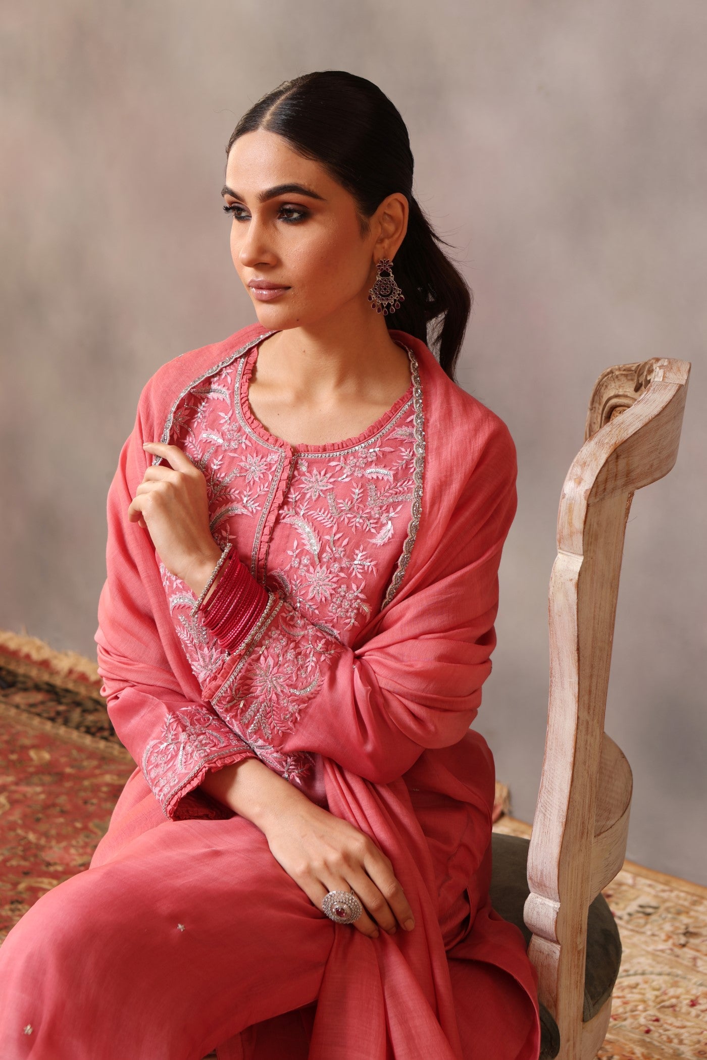 Hand Embroidered Candy Pink Pure Katan Silk Kurta Pants Set