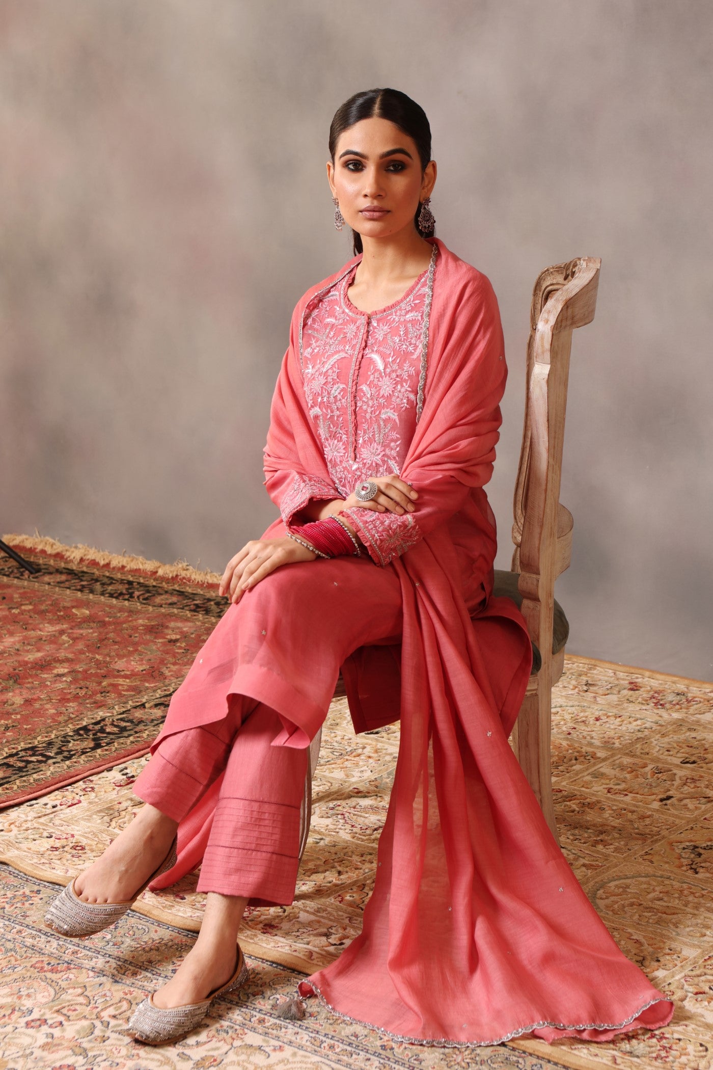 Hand Embroidered Candy Pink Pure Katan Silk Kurta Pants Set