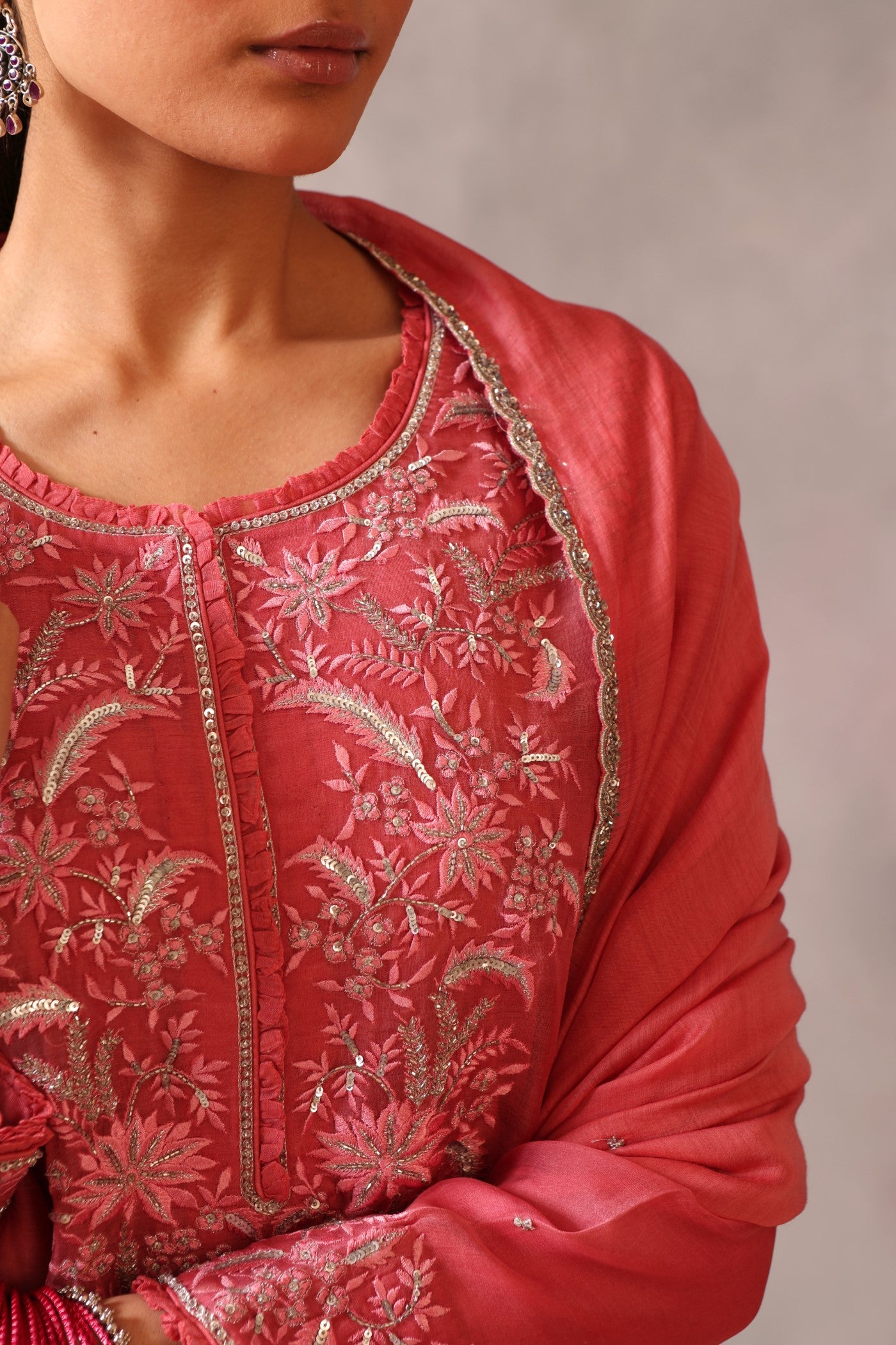 Hand Embroidered Candy Pink Pure Katan Silk Kurta Pants Set