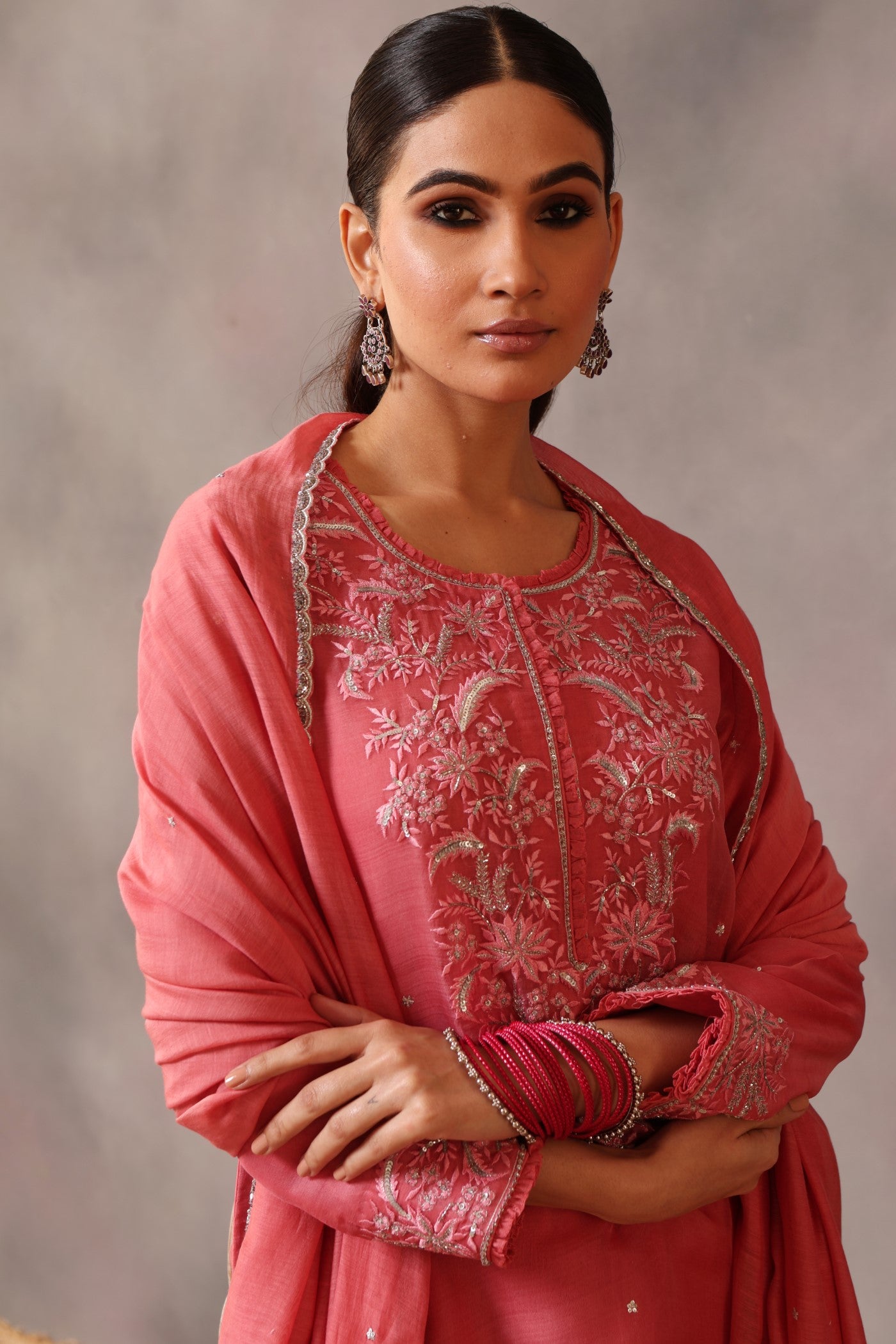 Hand Embroidered Candy Pink Pure Katan Silk Kurta Pants Set