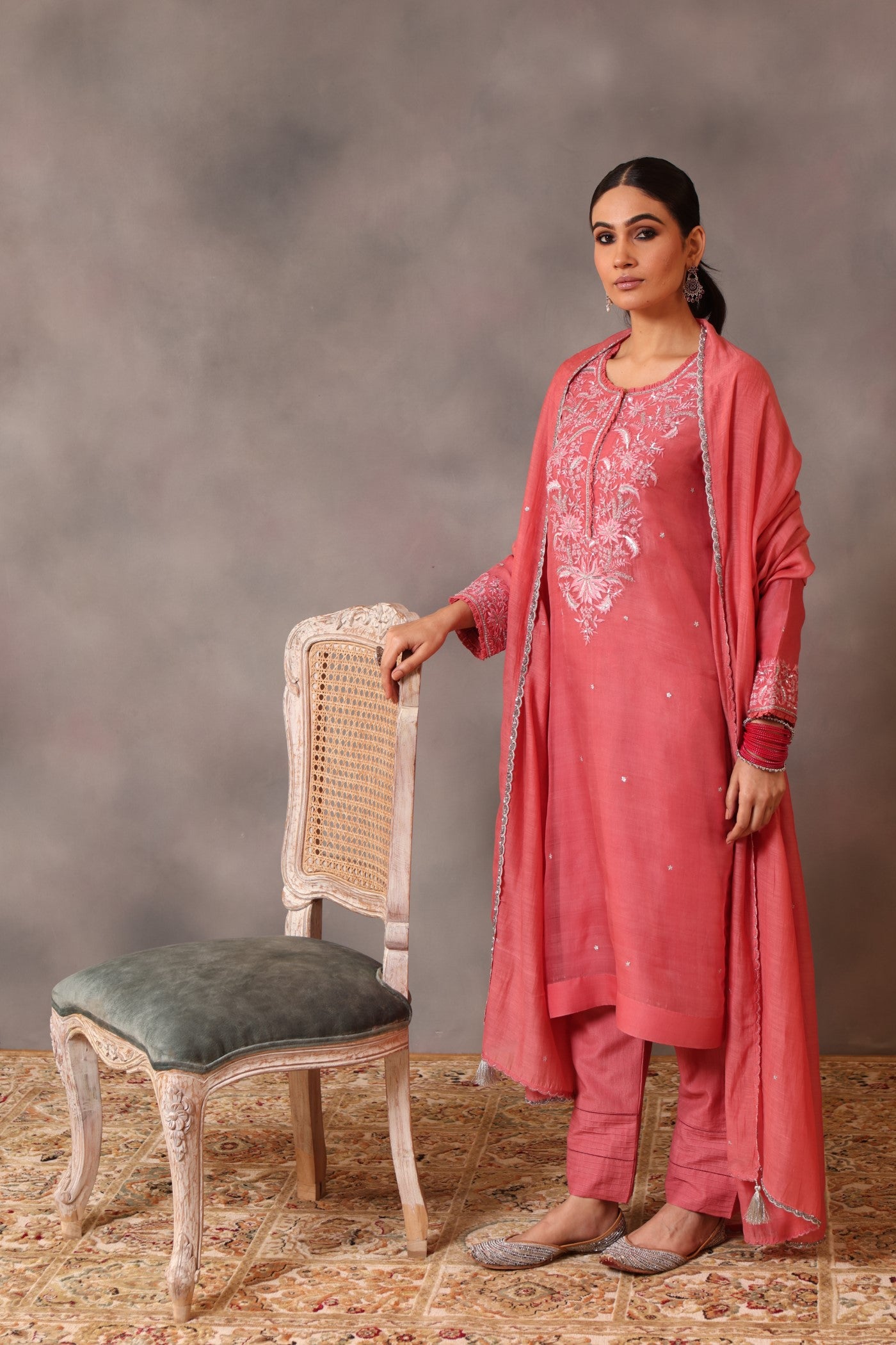 Hand Embroidered Candy Pink Pure Katan Silk Kurta Pants Set