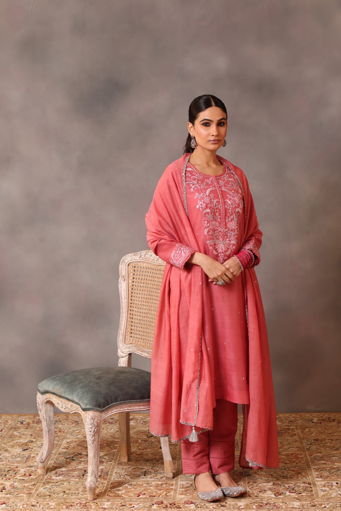 Hand Embroidered Candy Pink Pure Katan Silk Kurta Pants Set