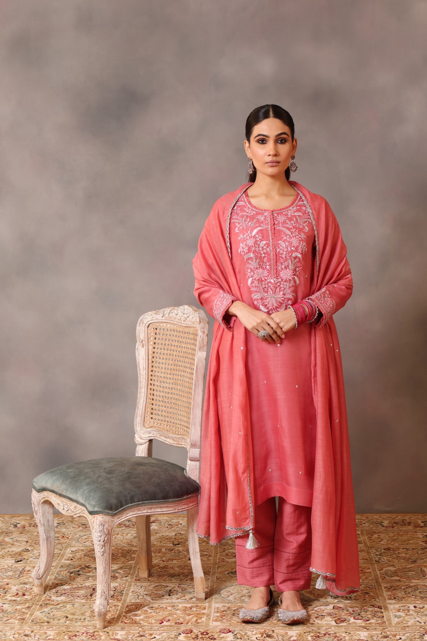 Hand Embroidered Candy Pink Pure Katan Silk Kurta Pants Set