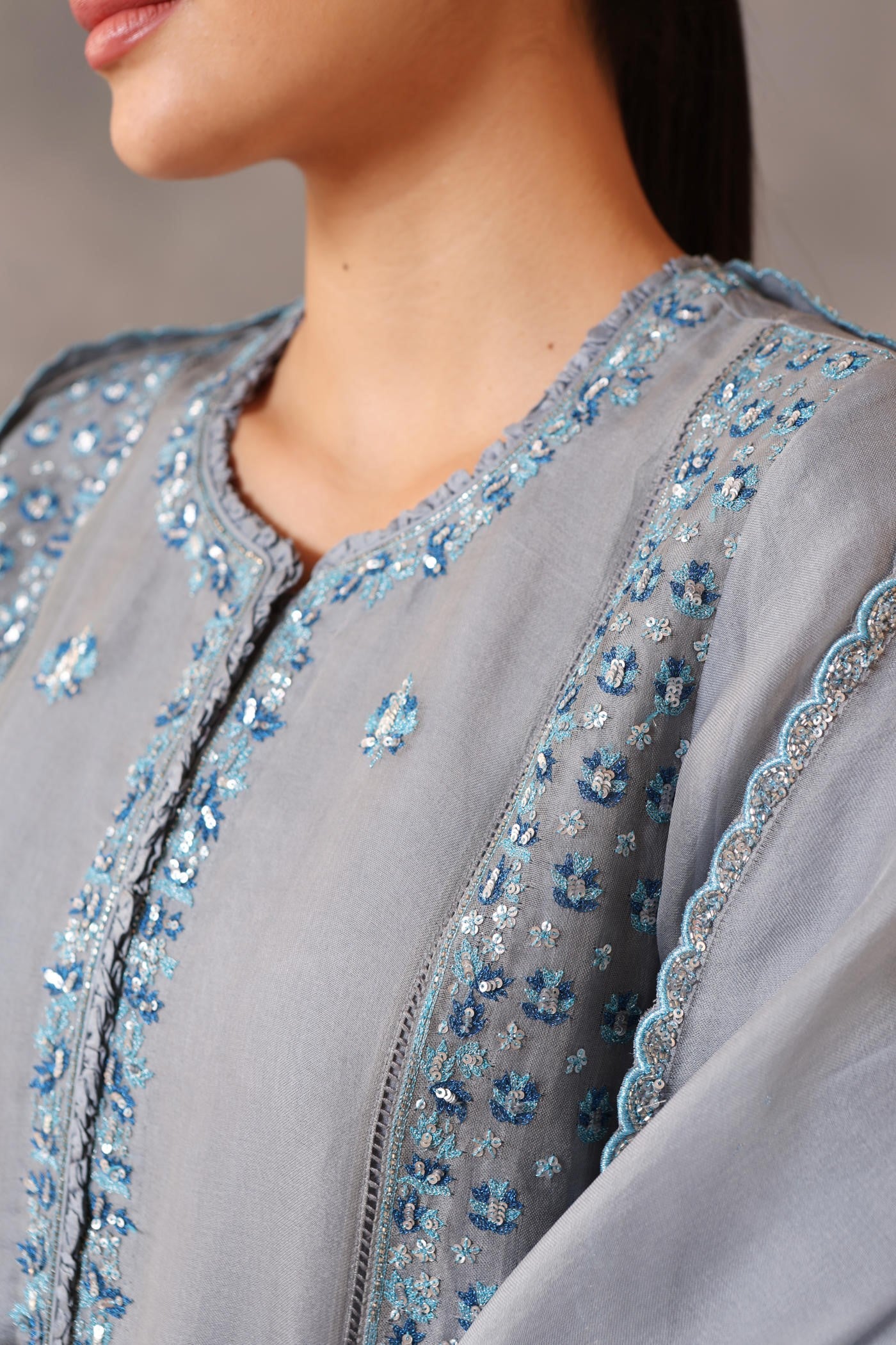 Hand Embroidered Faded Denim Pure Silk Organza Kurta Pants Set
