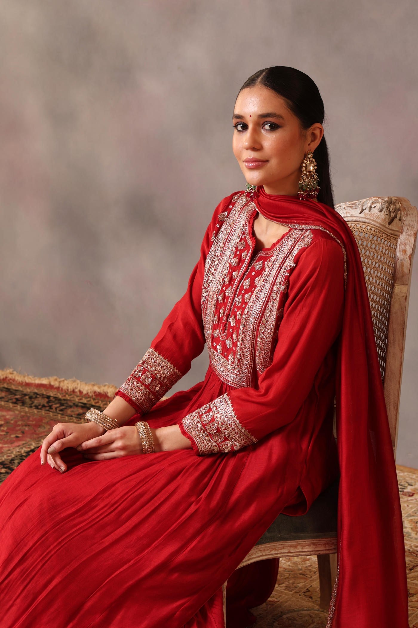 Hand Embroidered Aurora Red Pure Cotton Silk Kurta Sharara Set
