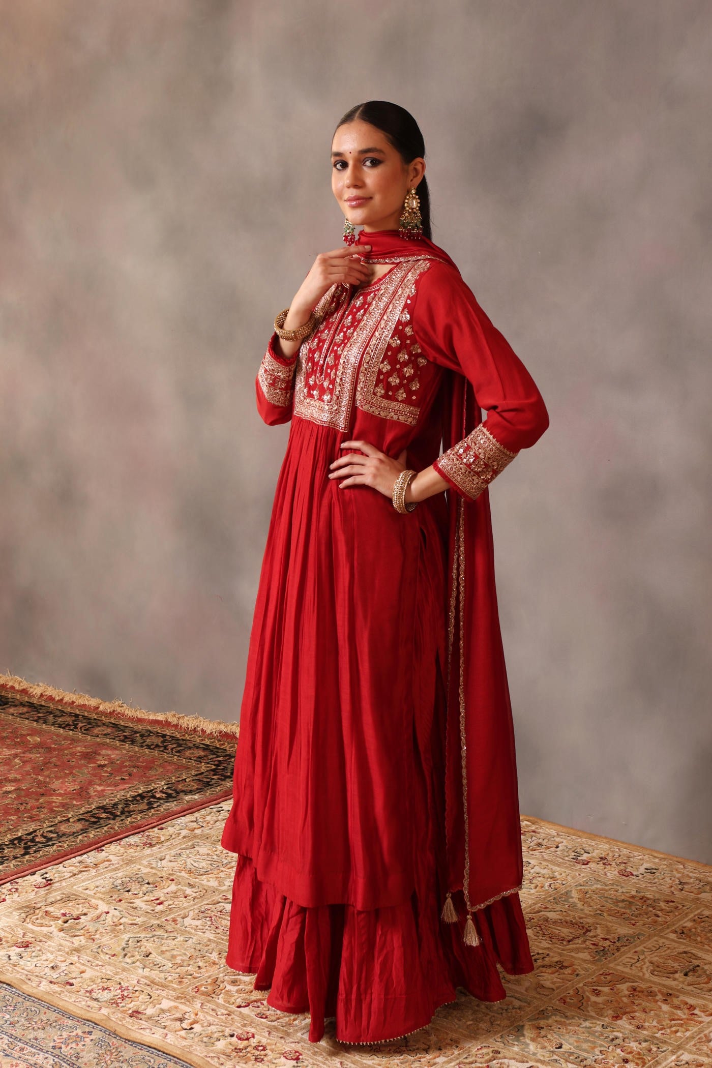 Hand Embroidered Aurora Red Pure Cotton Silk Kurta Sharara Set