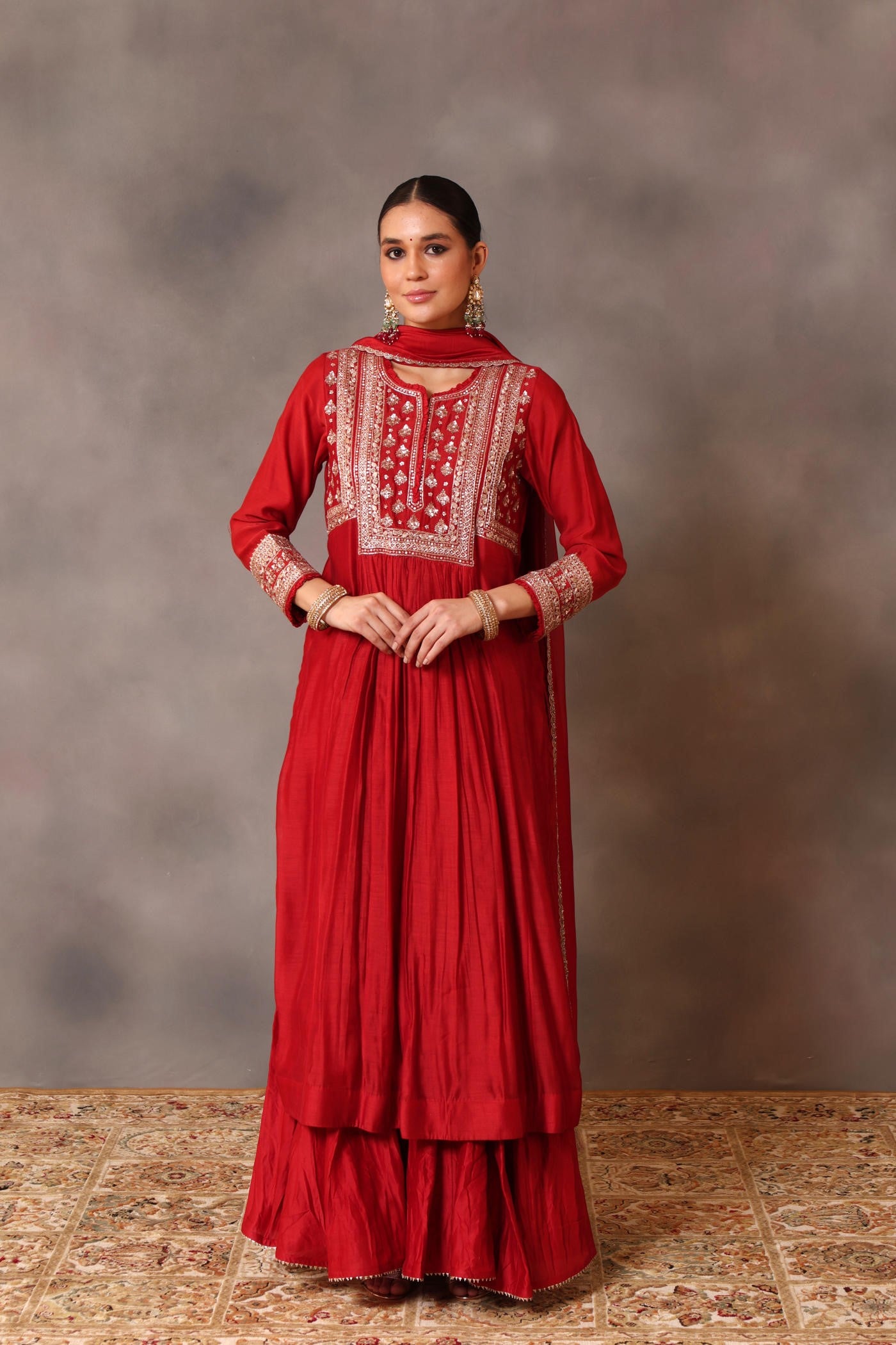 Hand Embroidered Aurora Red Pure Cotton Silk Kurta Sharara Set