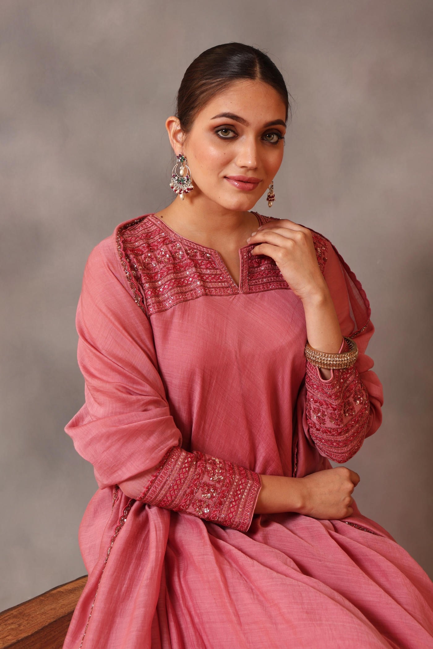 Hand Embroidered Wild Rose Pure Cotton Silk Kurta Pants Set