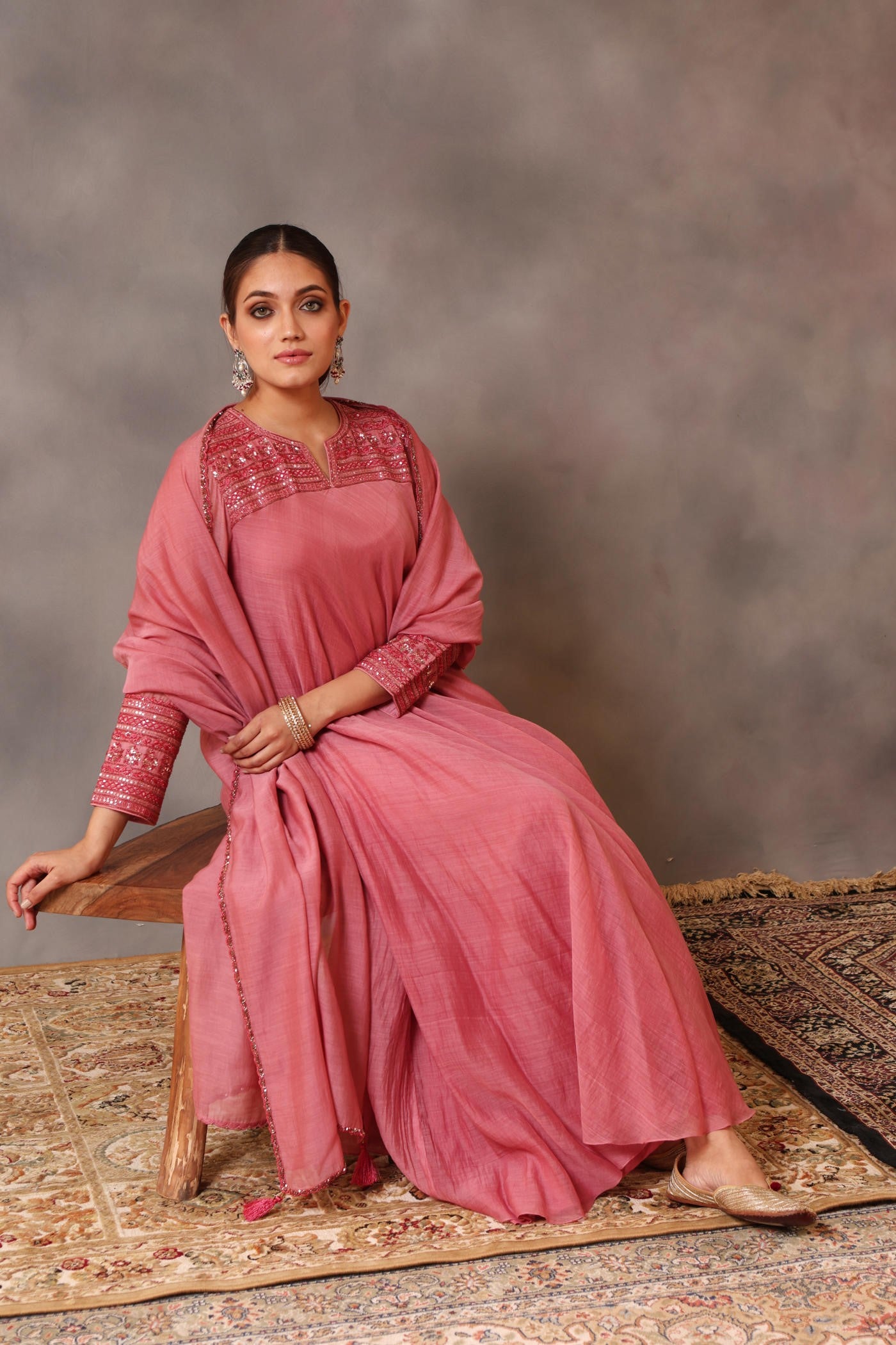 Hand Embroidered Wild Rose Pure Cotton Silk Kurta Pants Set