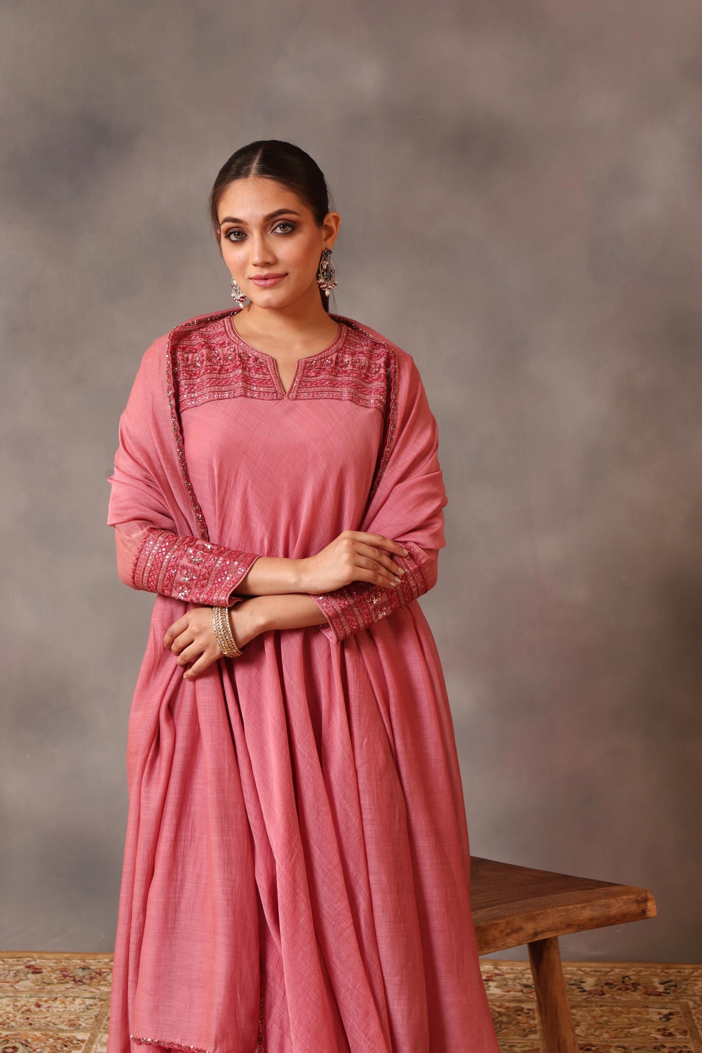 Hand Embroidered Wild Rose Pure Cotton Silk Kurta Pants Set