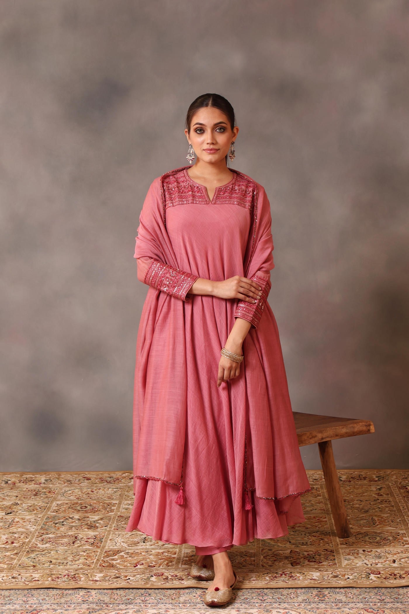 Hand Embroidered Wild Rose Pure Cotton Silk Kurta Pants Set