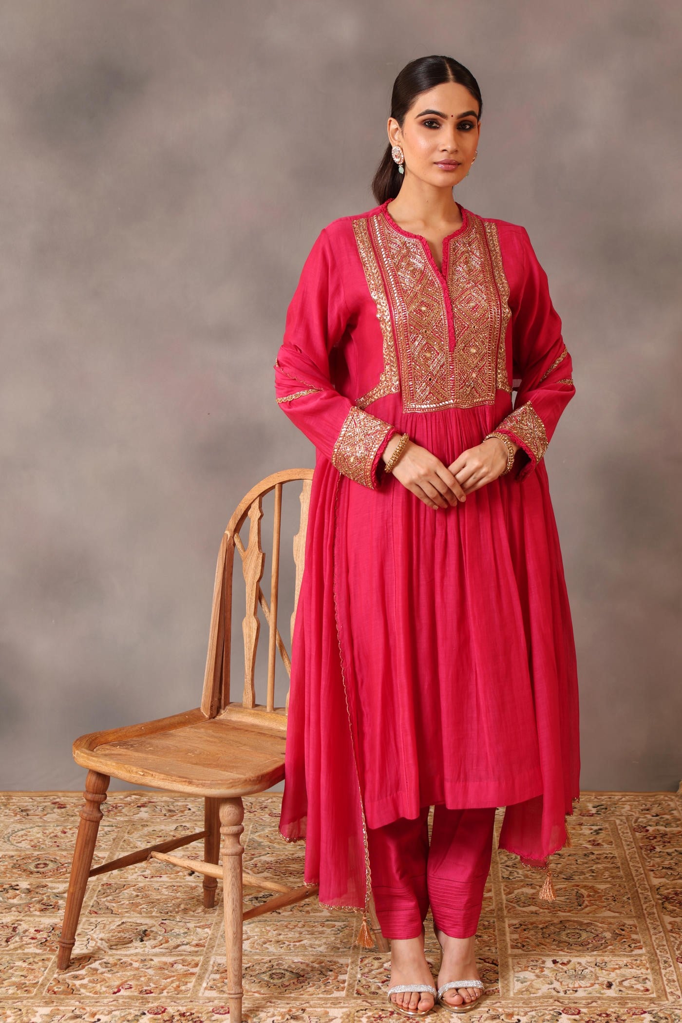 Hand Embroidered Rani Pink Pure Cotton Silk Kurta Pants Set