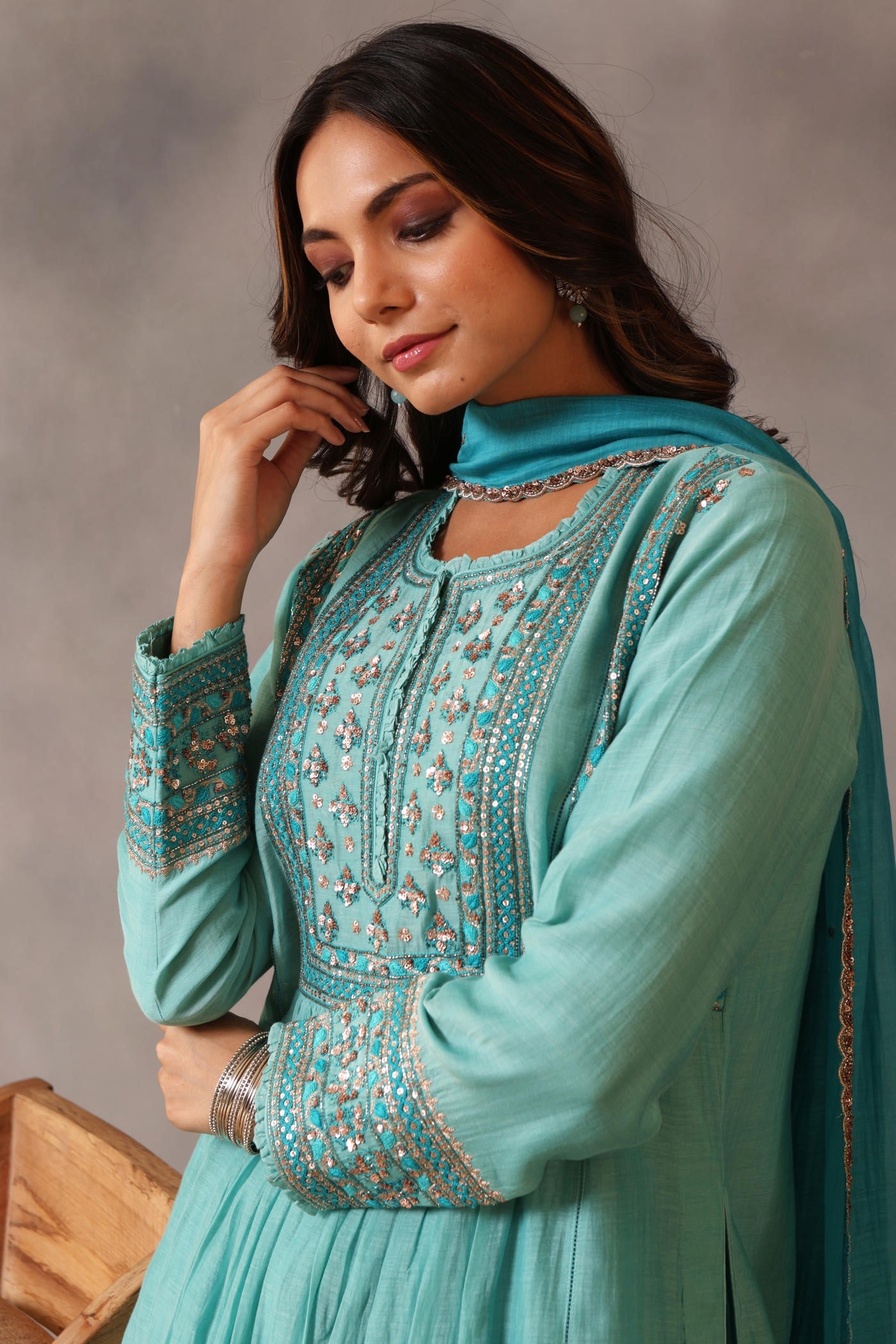 Hand Embroidered Turquoise Blue Pure Cotton Silk Kurta Sharara Set