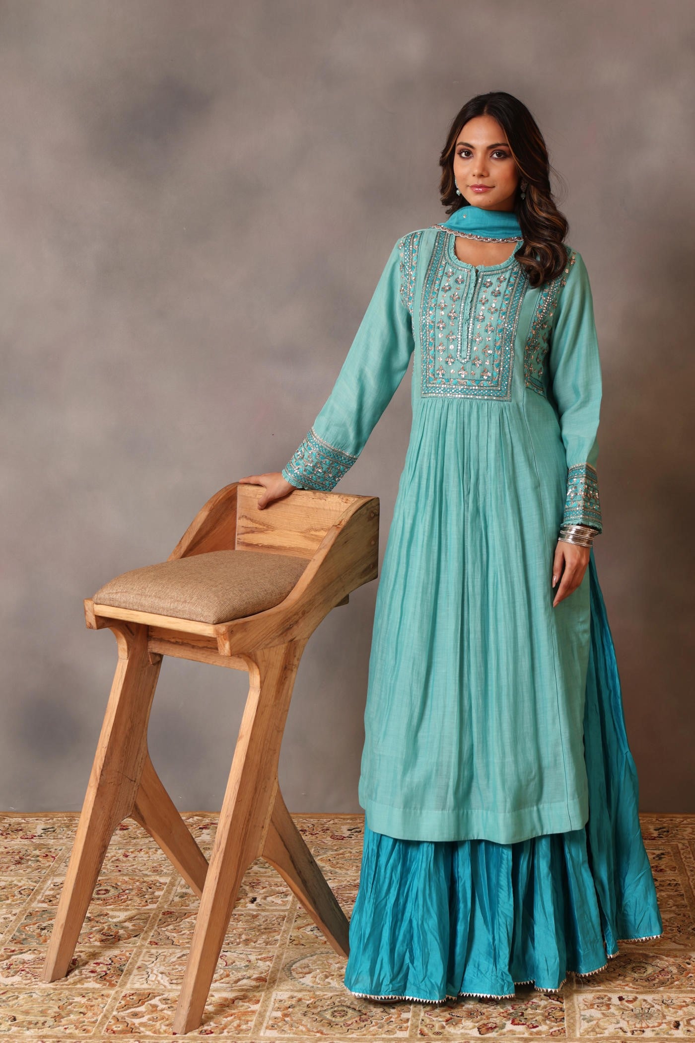 Hand Embroidered Turquoise Blue Pure Cotton Silk Kurta Sharara Set