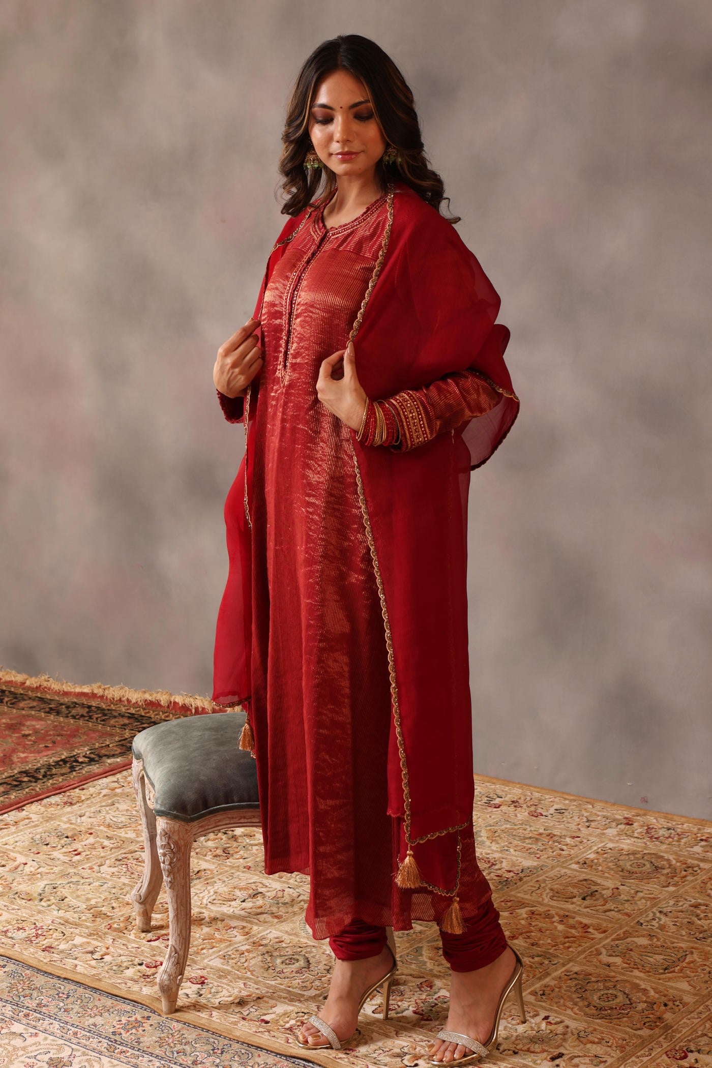 Hand Embroidered Maroon Pure Katan Silk Kurta Churidaar Set