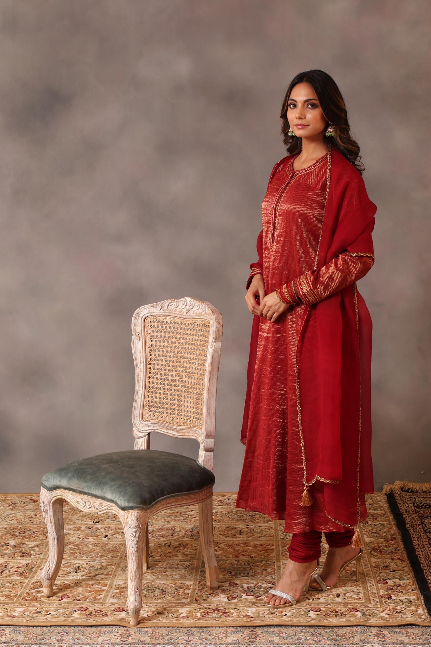 Hand Embroidered Maroon Pure Katan Silk Kurta Churidaar Set