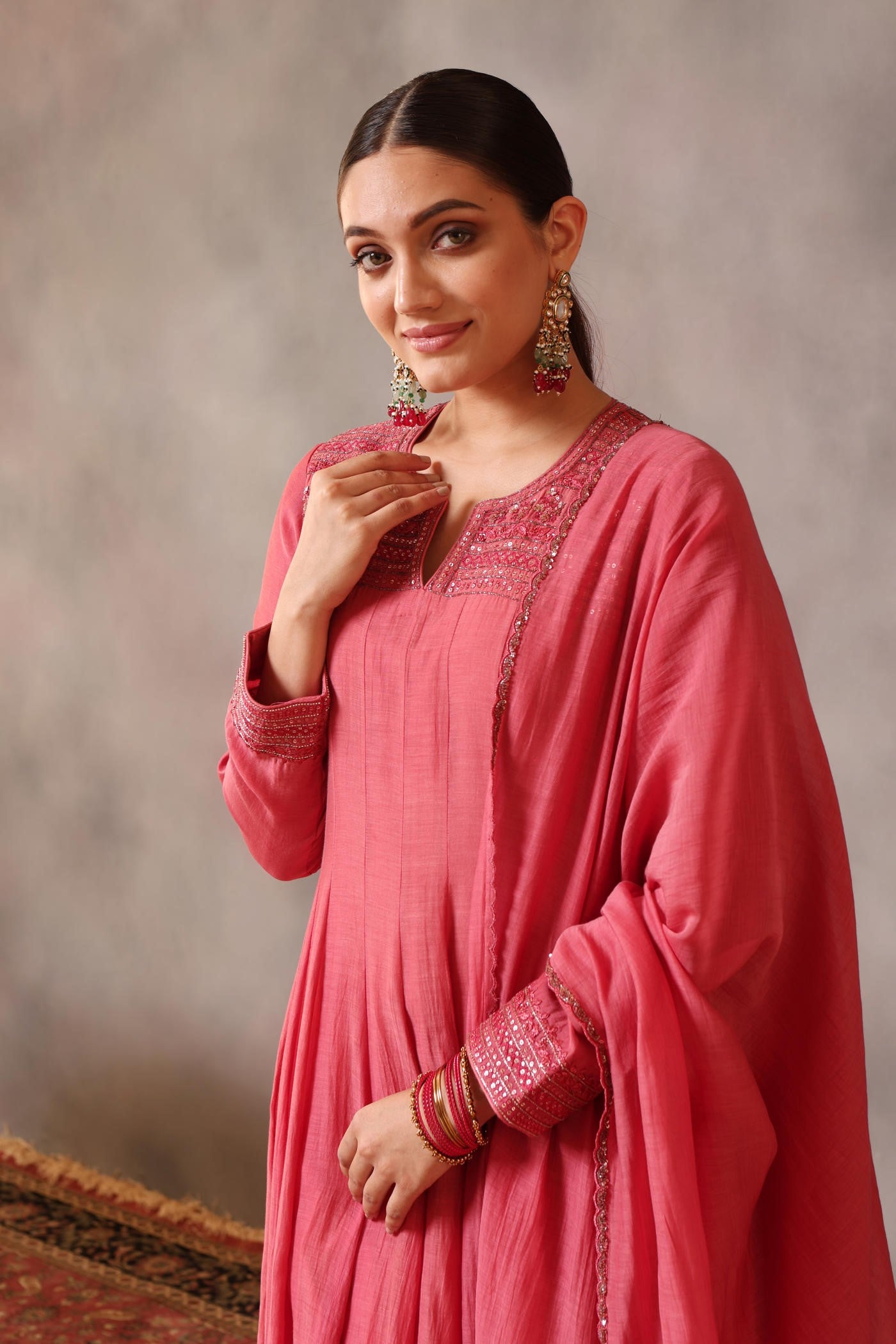 Hand Embroidered Bubblegum Pink Pure Cotton Silk Anarkali Pants Set
