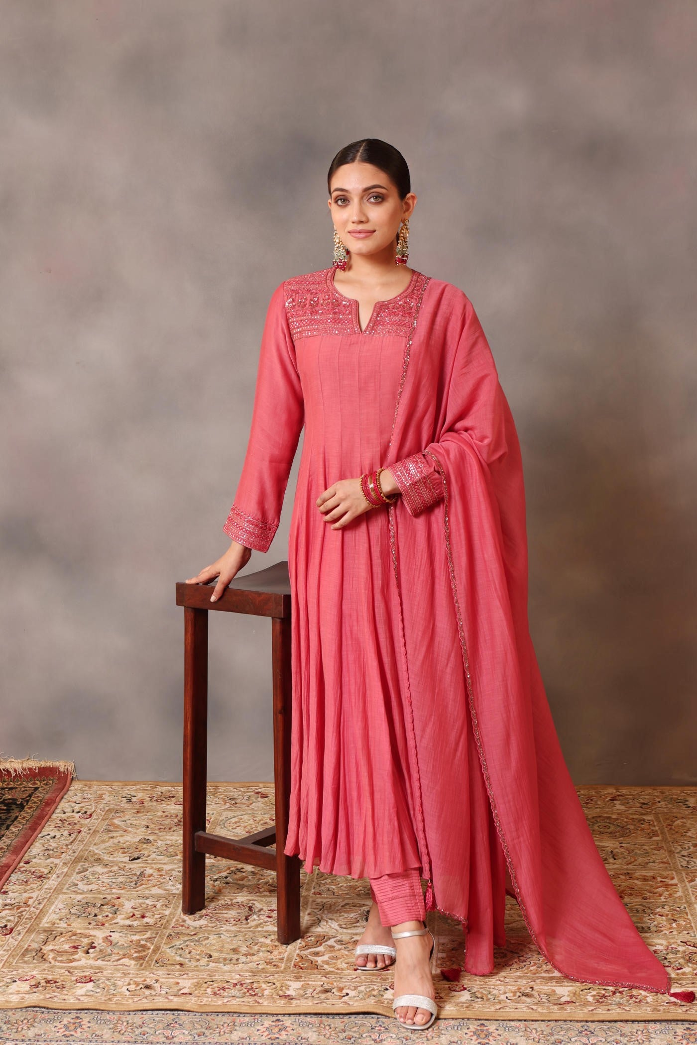 Hand Embroidered Bubblegum Pink Pure Cotton Silk Anarkali Pants Set