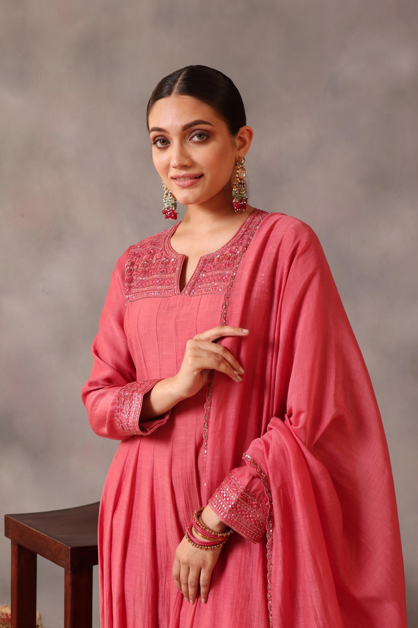 Hand Embroidered Bubblegum Pink Pure Cotton Silk Anarkali Pants Set