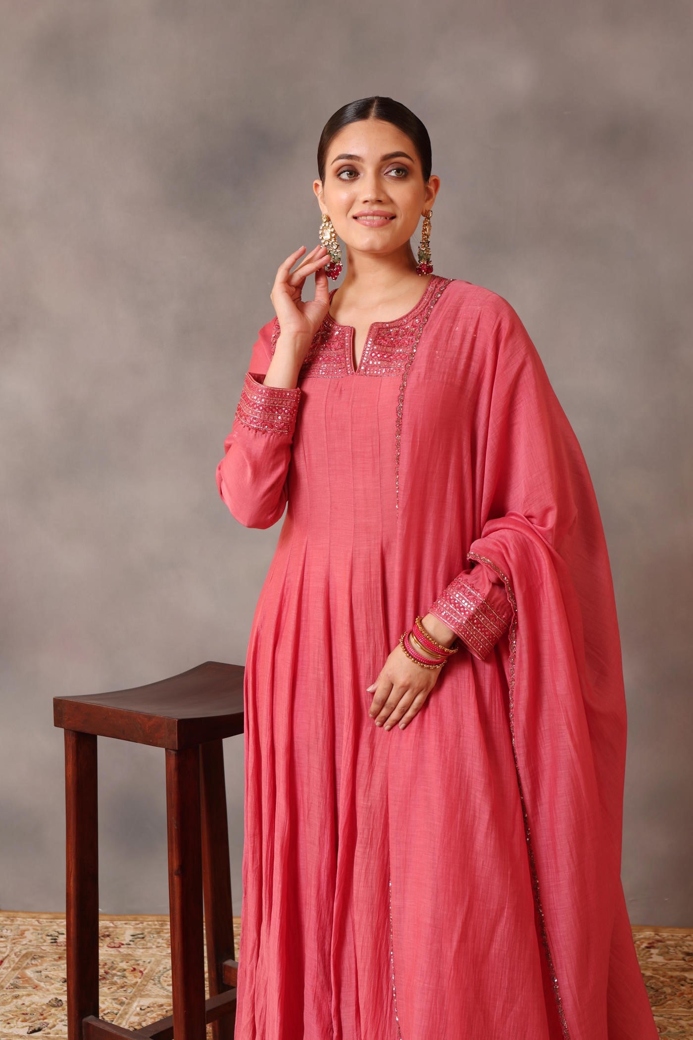 Hand Embroidered Bubblegum Pink Pure Cotton Silk Anarkali Pants Set