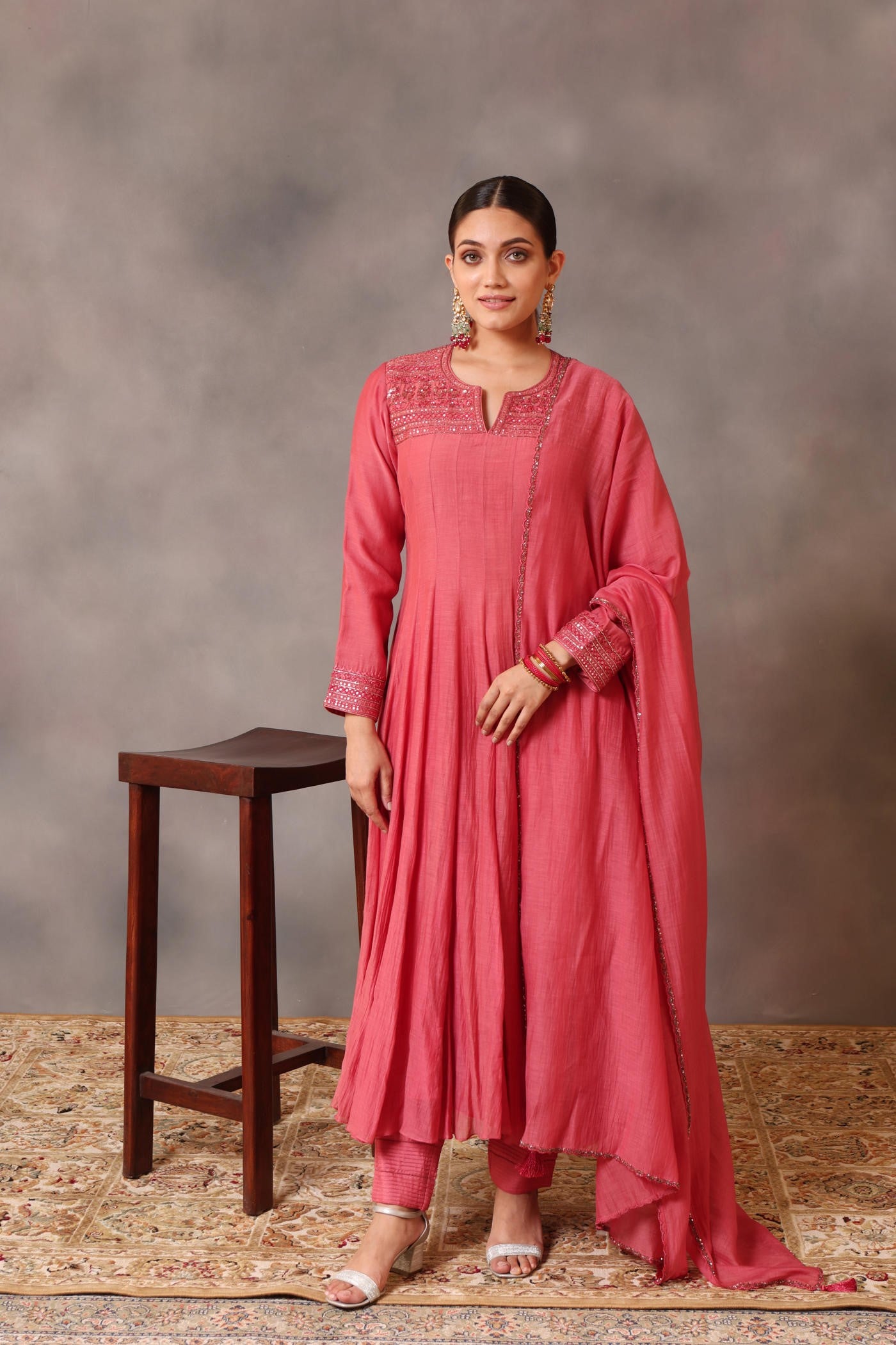 Hand Embroidered Bubblegum Pink Pure Cotton Silk Anarkali Pants Set