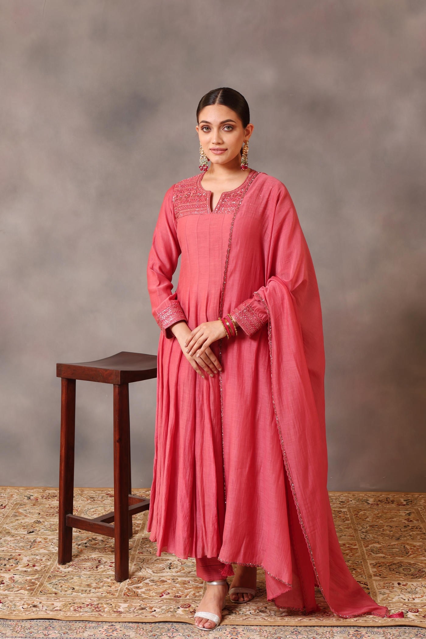Hand Embroidered Bubblegum Pink Pure Cotton Silk Anarkali Pants Set