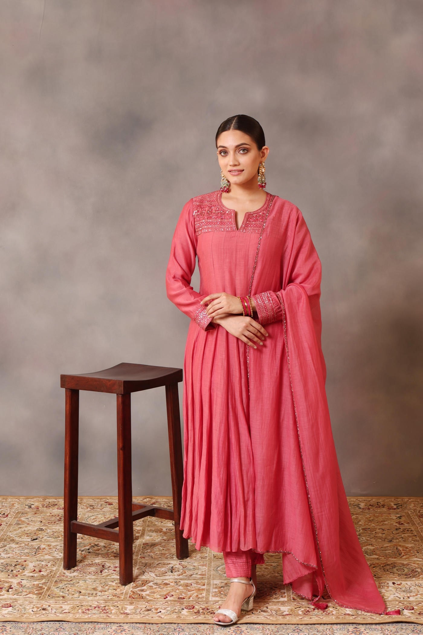 Hand Embroidered Bubblegum Pink Pure Cotton Silk Anarkali Pants Set
