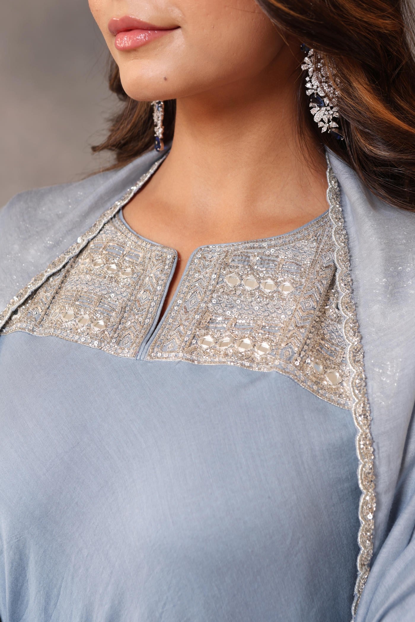 Hand Embroidered Powder Blue Pure Cotton Silk Kurta Pants Set