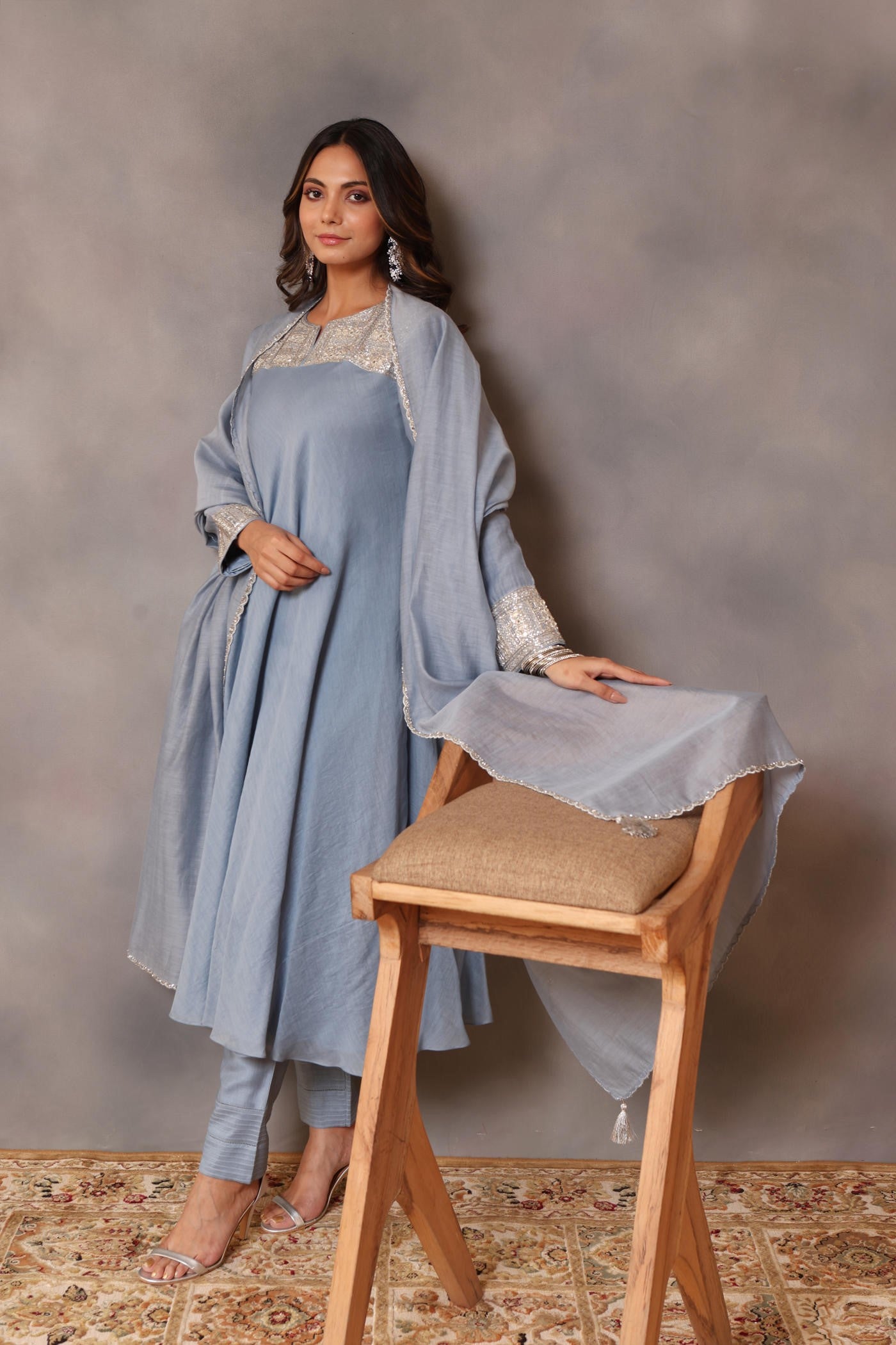 Hand Embroidered Powder Blue Pure Cotton Silk Kurta Pants Set