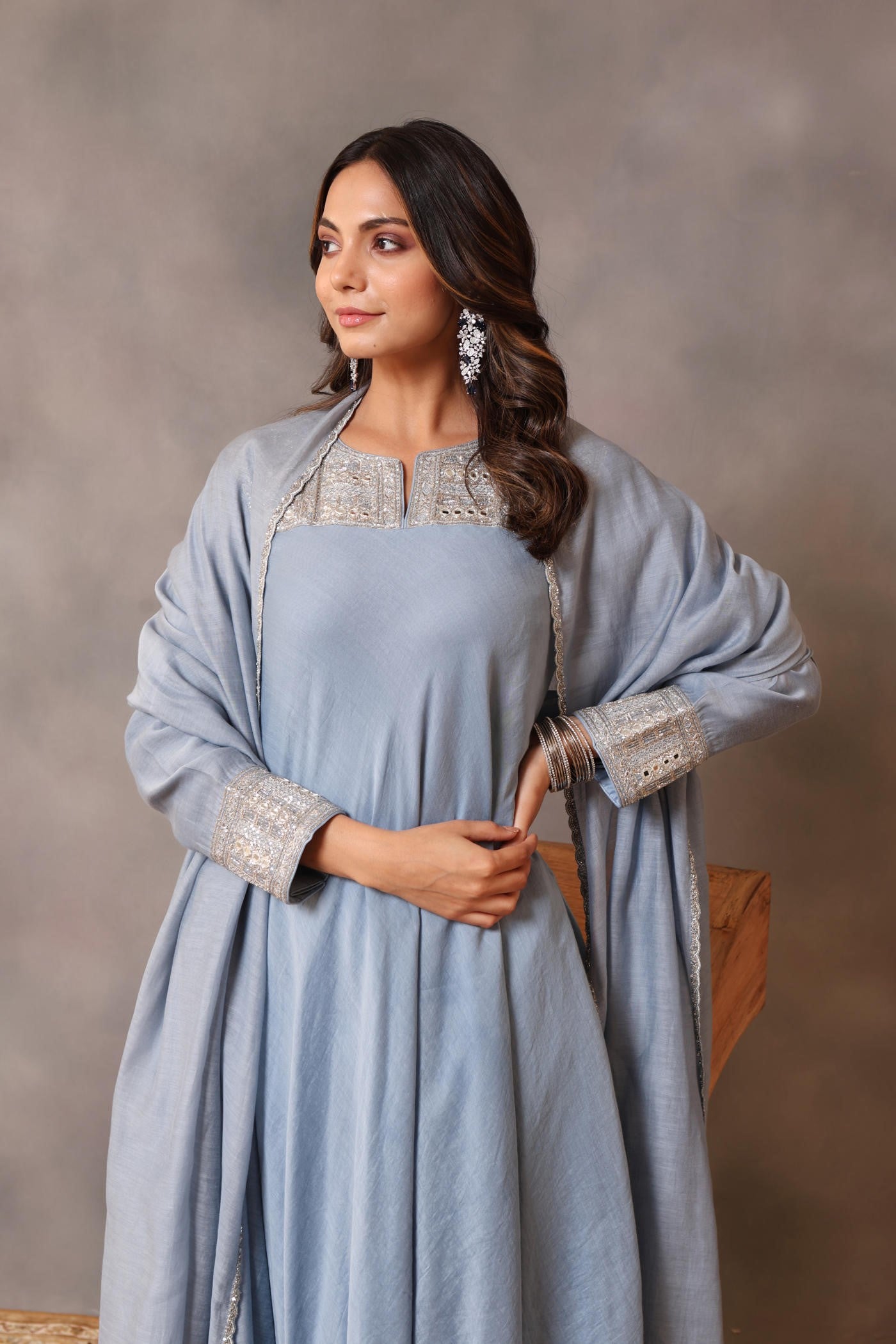 Hand Embroidered Powder Blue Pure Cotton Silk Kurta Pants Set
